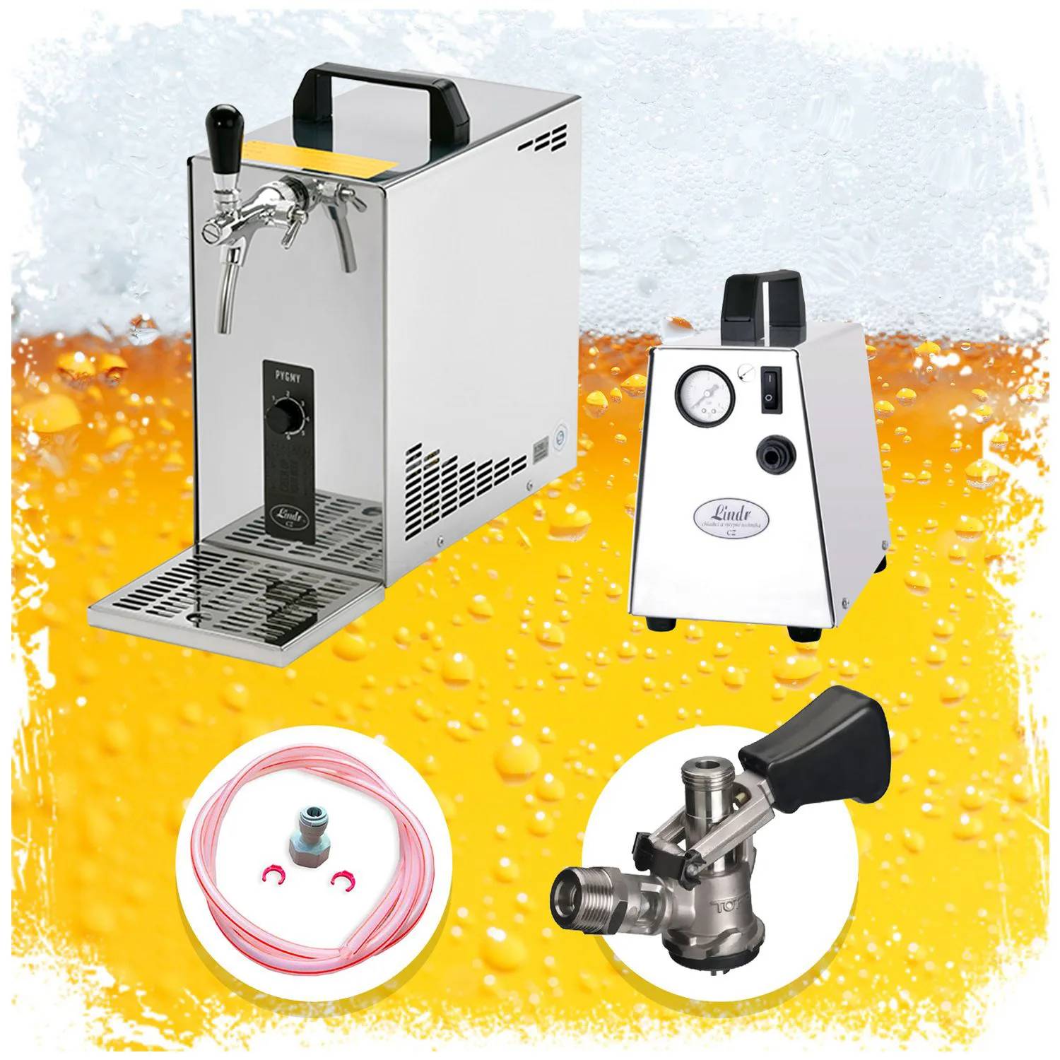 Komplett Set - Zapfanlage, Bierkoffer, Durchlaufkühler, Bierzapfanlage PYGMY 25 1-leitig Trockenkühler, 35 Liter/h, Zapfkopf: KeyKeg