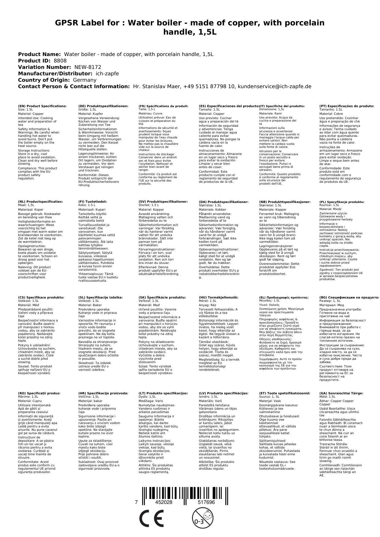 Wasserkessel, Teekessel - aus Kupfer, mit Porzellanhenkel, 1,5L