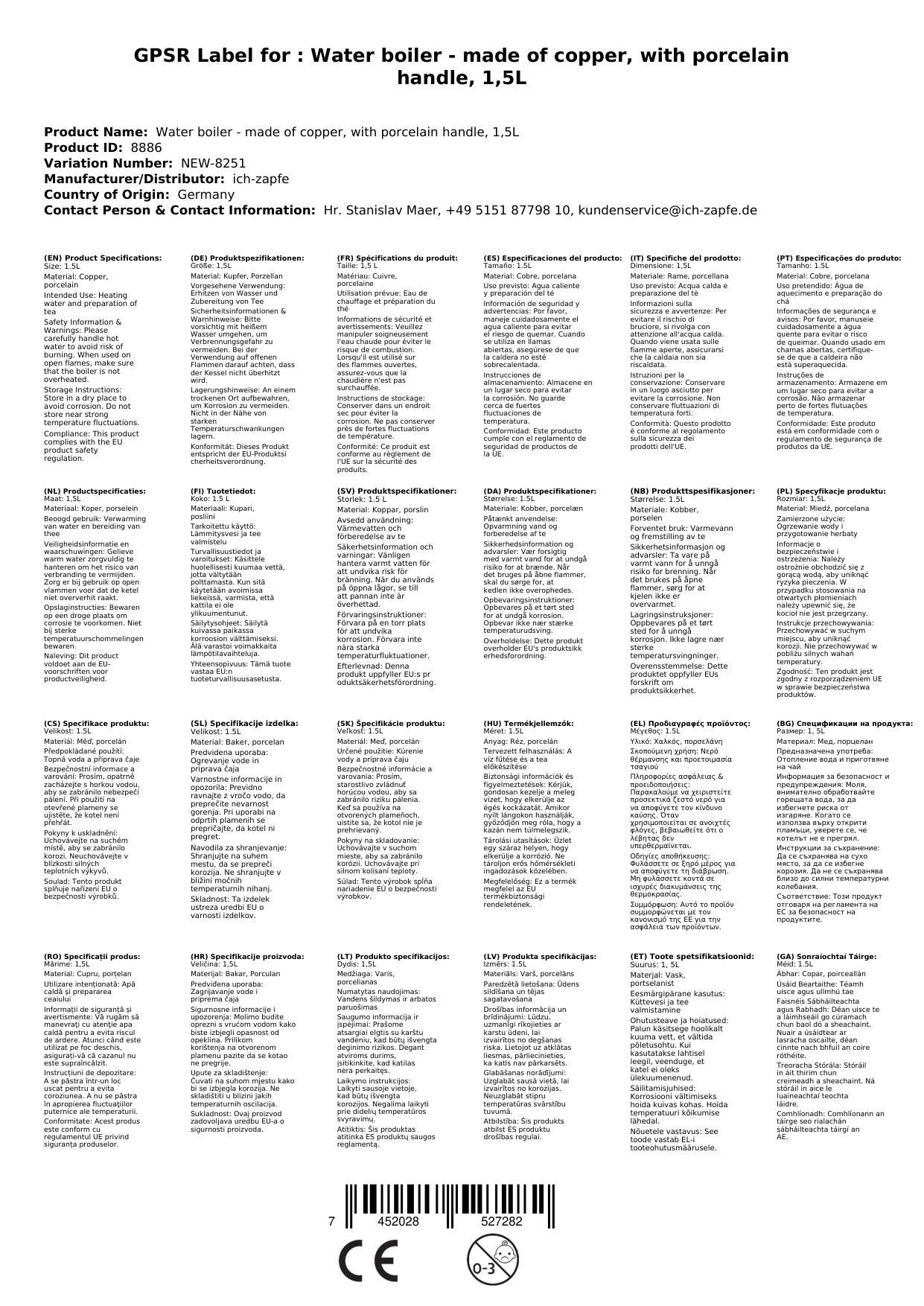 Wasserkessel, Teekessel - aus Kupfer, mit Porzellanhenkel, 1,5L
