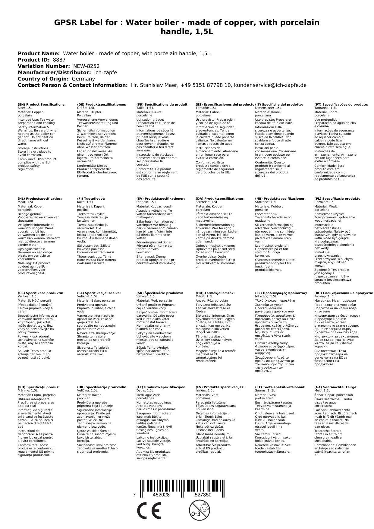 Wasserkessel, Teekessel - aus Kupfer, mit Porzellanhenkel, 1,5L