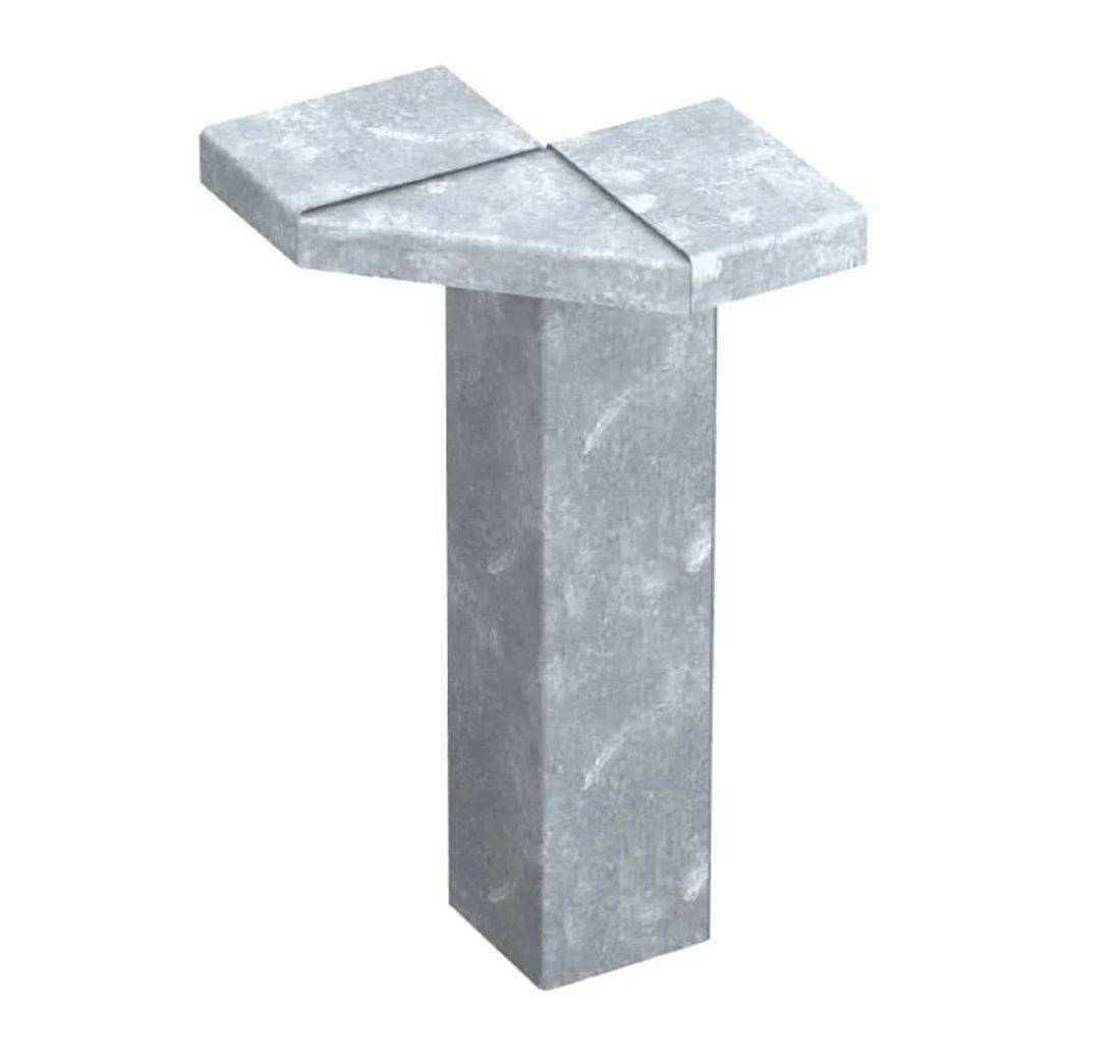 Stahlförmiger Strukturverbinder in T-Form, von oben betrachtet, mit drei rechteckigen Segmenten, die zu einer Eckhalterung zur Unterstützung verbunden sind.