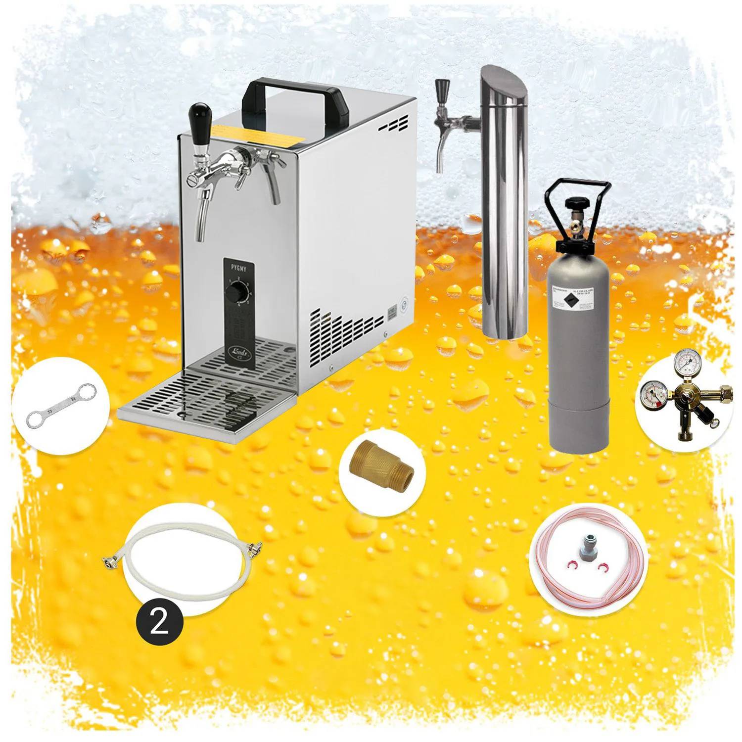 Untertheken Komplett Set - Zapfanlage, Bierzapfanlage, Bierkoffer, Durchlaufkühler PYGMY 25 LE 1-leitig Trockenkühler, 30 Liter/h, inkl. Schanksäul