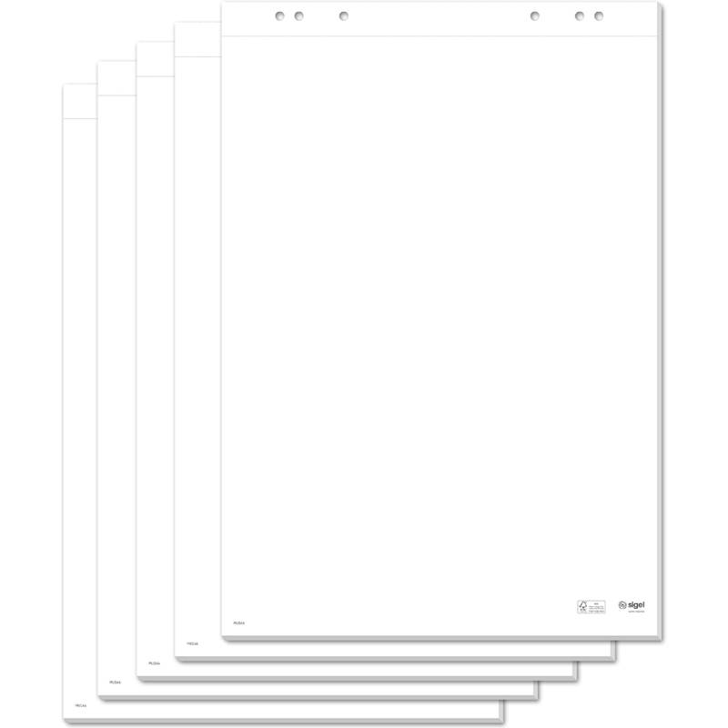 Fünf leere Flipchart-Blätter, übereinander gestapelt, mit vorgestanzten Löchern am oberen Rand zum einfachen Aufhängen. Ideal für Präsentationen oder Brainstorming-Sitzungen.
