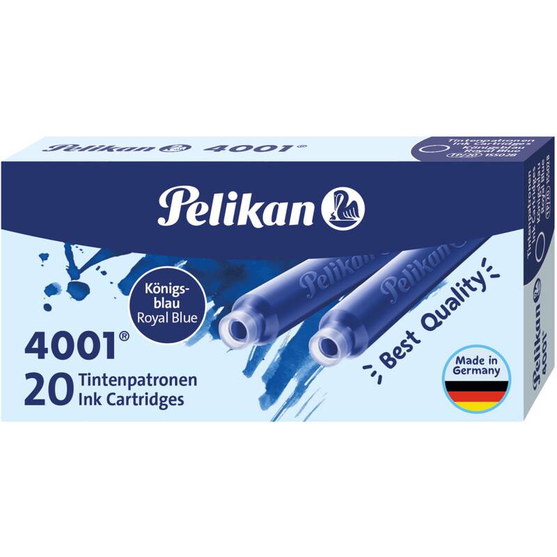 Pelikan 4001 Royal Blue Ink Cartridges' Packung mit zwei Patronen, 'Beste Qualität' Etikett, 'Made in Germany' Flagge.