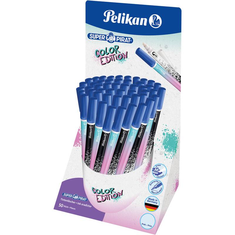 Pelikan Super Pirat Color Edition' Stifte in einem Präsentationsständer. Die Stifte haben farbenfroh gemusterte Designs und blaue Kappen. Die Verpackung betont die Löschbarkeit der Tinte.