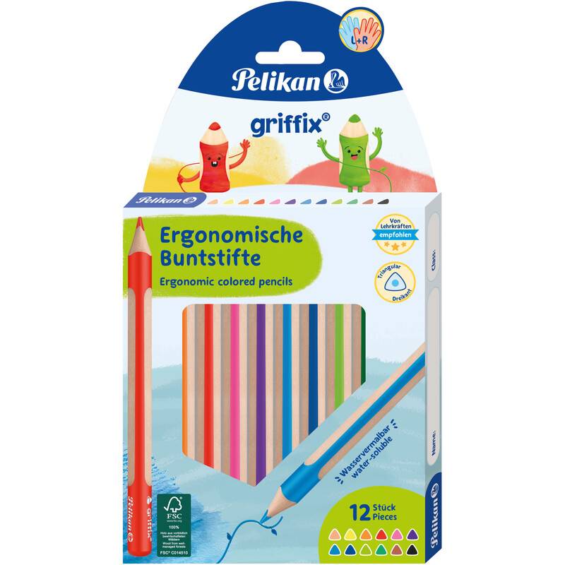 Ein Paket Pelikan Griffix ergonomische Buntstifte mit 12 Stück. Die Verpackung zeigt farbenfrohe Stifte mit Markierungen für Rechts- und Linkshänder.