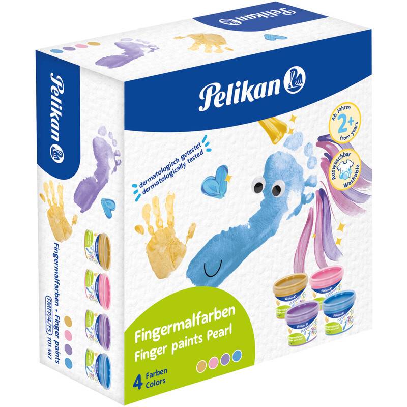 Fingerfarben-Set in einer Box mit Hand- und Fußabdrücken, geeignet für Kinder ab 2 Jahren, enthält 4 Perlfarben, dermatologisch getestet.