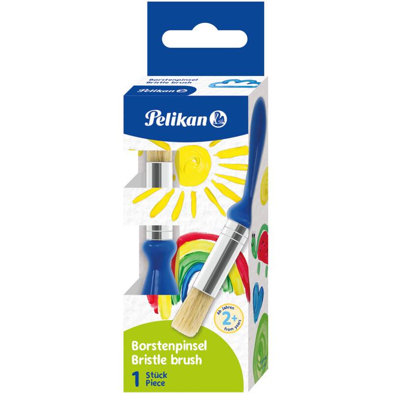 Verpackung eines Pinsels mit Borsten und blauem Griff. Der Hintergrund enthält farbenfrohe Zeichnungen von einer Sonne und einem Regenbogen.