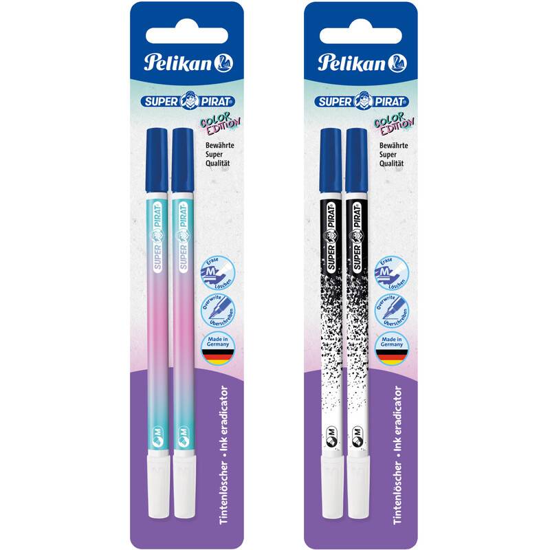 Pelikan Super Pirat' Tintenlöscher, zwei Packungen mit je zwei Stiften. Eine Packung in Pastellfarben, die andere mit schwarzem und weißem Muster.