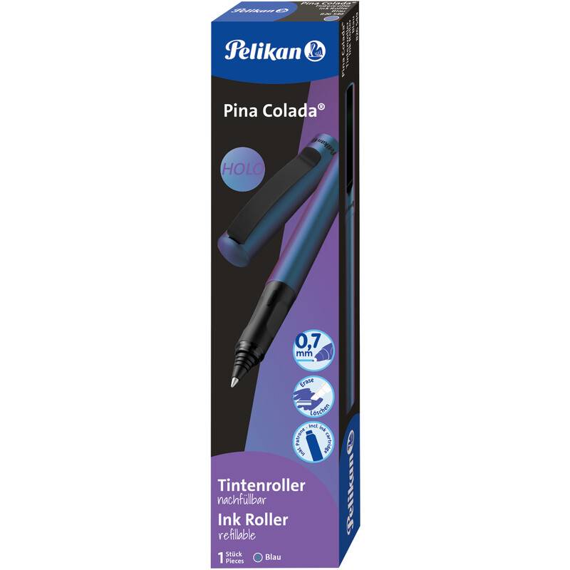 Pelikan 'Pina Colada' Tintenroller-Verpackung zeigt einen blauen Stift mit 0,7-mm-Spitze, nachfüllbar, mit ergonomischem Griff, in blauer Farbe.