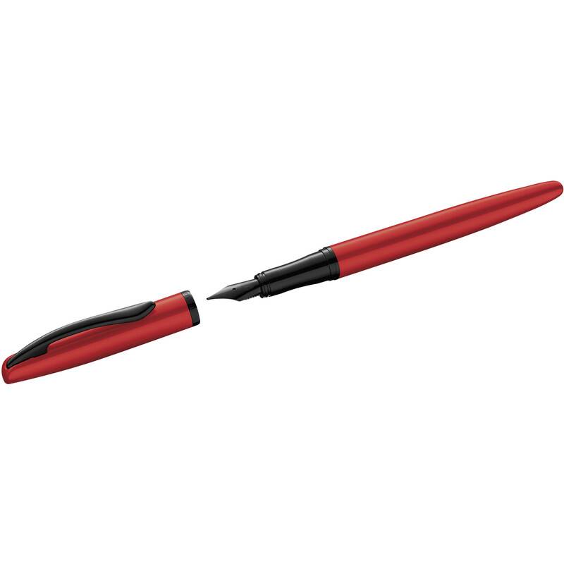 Ein roter Füller mit schwarzer Feder, der ohne Kappe dargestellt wird. Der Deckel liegt neben dem Stift und unterstreicht dessen elegantes Design.