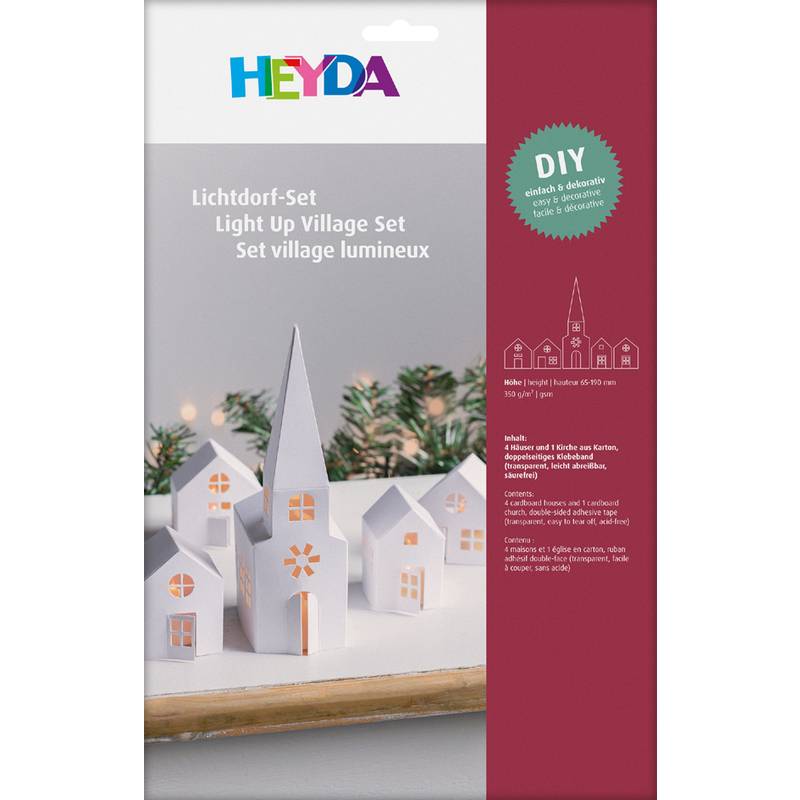 HEYDA Lichtdorf-Bastelset Häuser & Kirche, Karton, 5-teilig