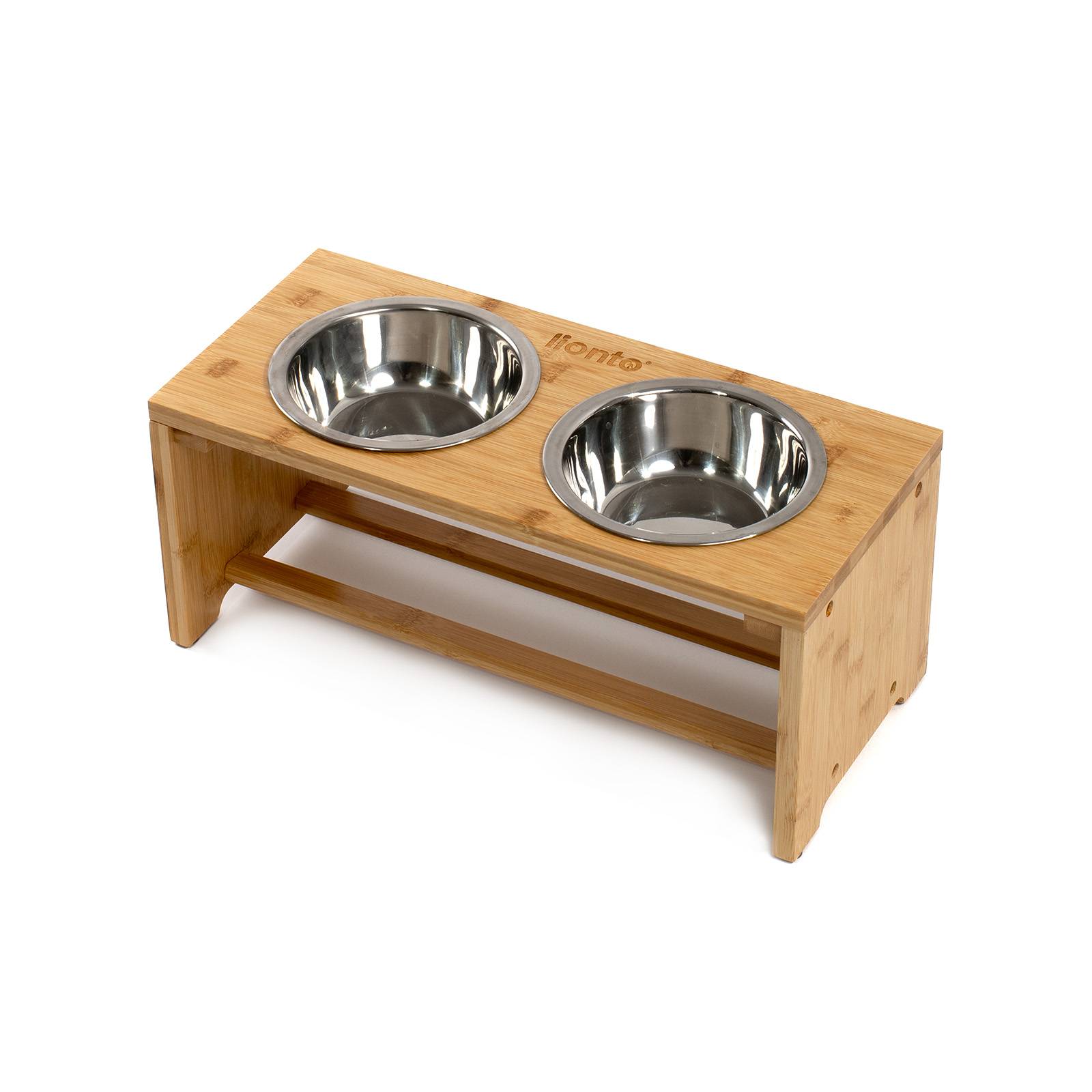 lionto Hundefutterstation, stilvolle Bambus-Futterbar mit rutschfesten Füßen & 2 Edelstahlnäpfen, 44x20x19 cm
