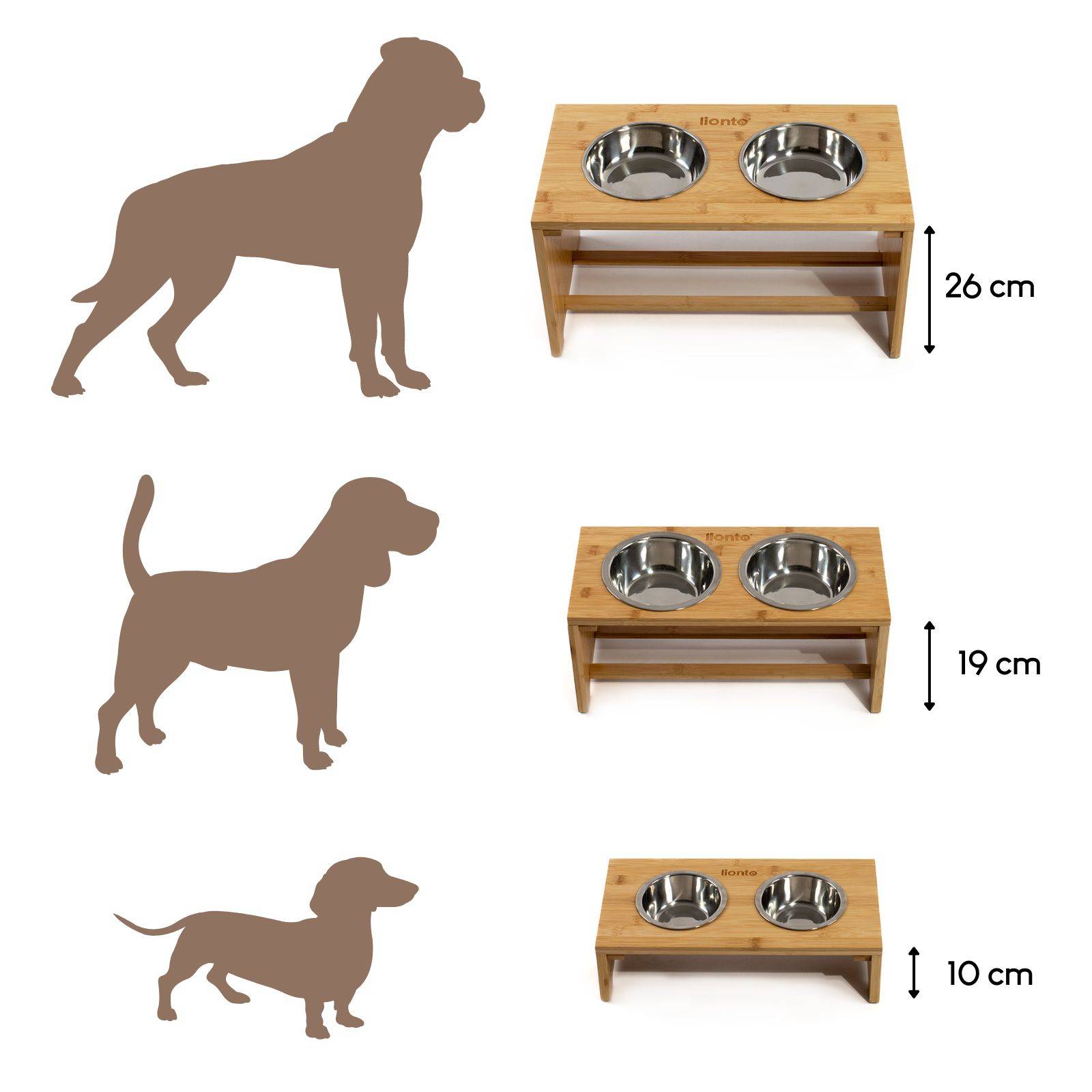 lionto Hundefutterstation, stilvolle Bambus-Futterbar mit rutschfesten Füßen & 2 Edelstahlnäpfen, 50x26x26 cm