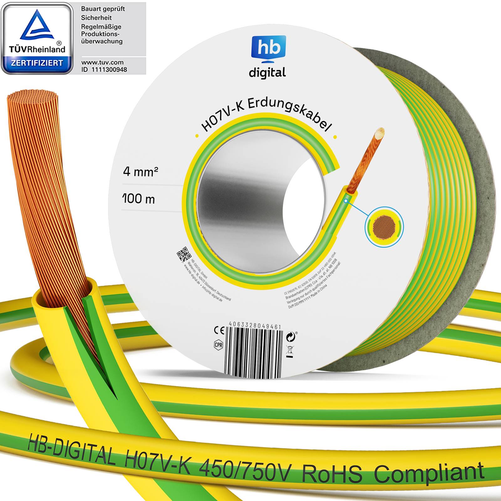 hb-digital 100m PVC Aderleitung H07V-K Erdungskabel 4mm2 Erdungsleitung flexibel
