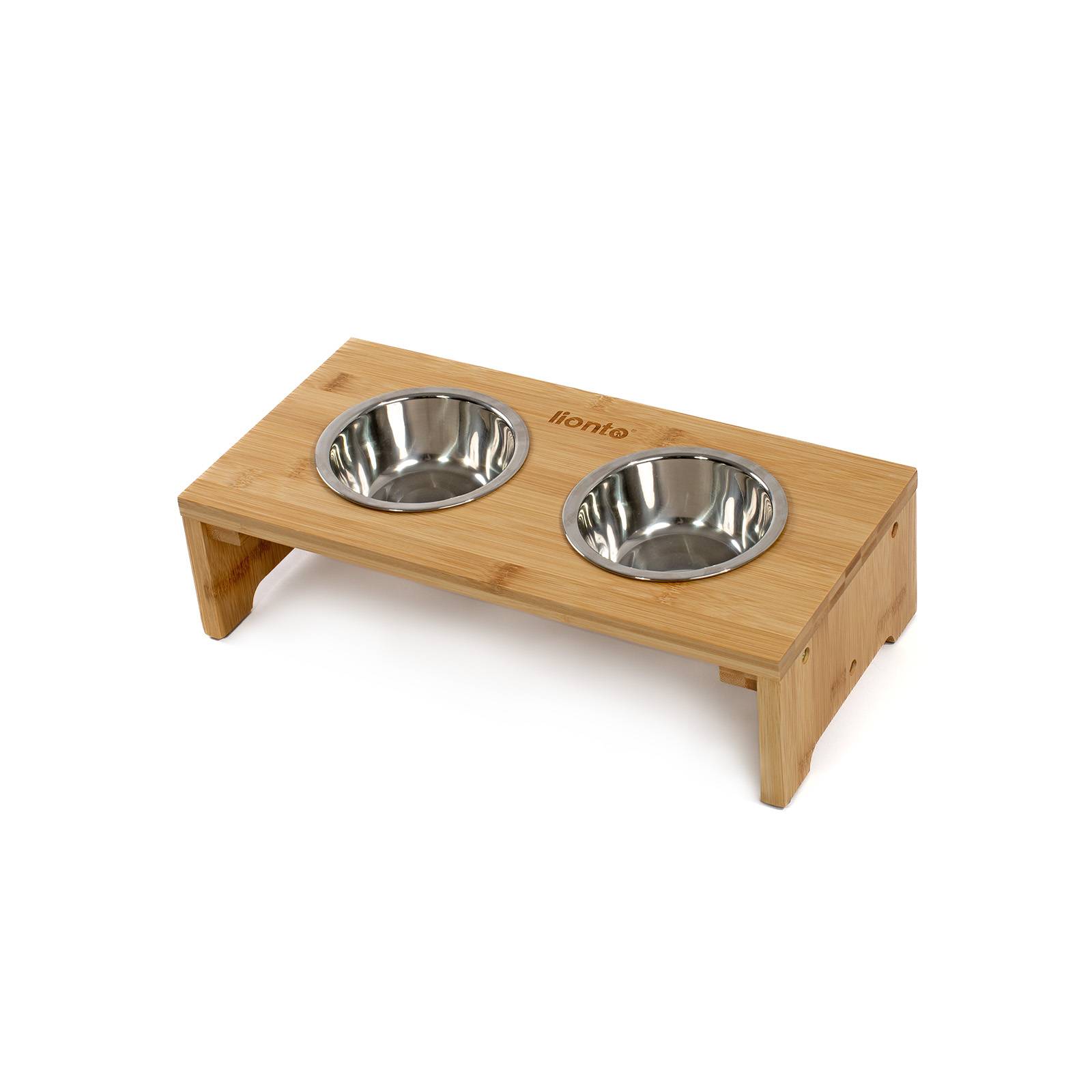 lionto Katzennapfständer, erhöhte Futterstation aus Bambus mit 2 Edelstahlnäpfen, ergonomisch & rutschfest, 40x20x10 cm