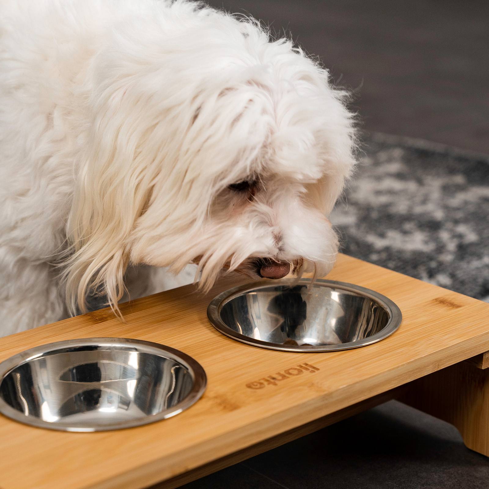 lionto Hundefutterstation, stilvolle Bambus-Futterbar mit rutschfesten Füßen & 2 Edelstahlnäpfen, 40x20x10 cm