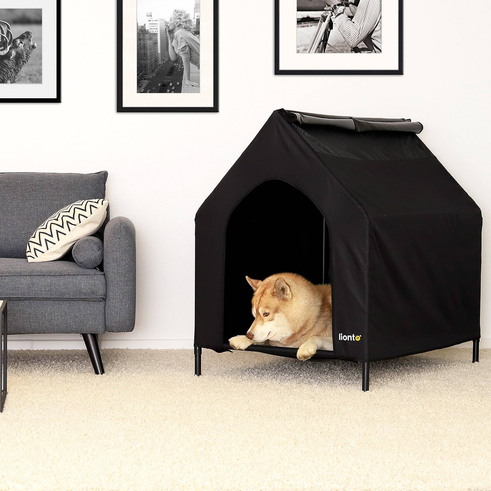 lionto Hundeliege mit Dach, wetterfester Hundeliegeplatz für drinnen & draußen, atmungsaktiv & pflegeleicht, 110x75x105 cm, schwarz
