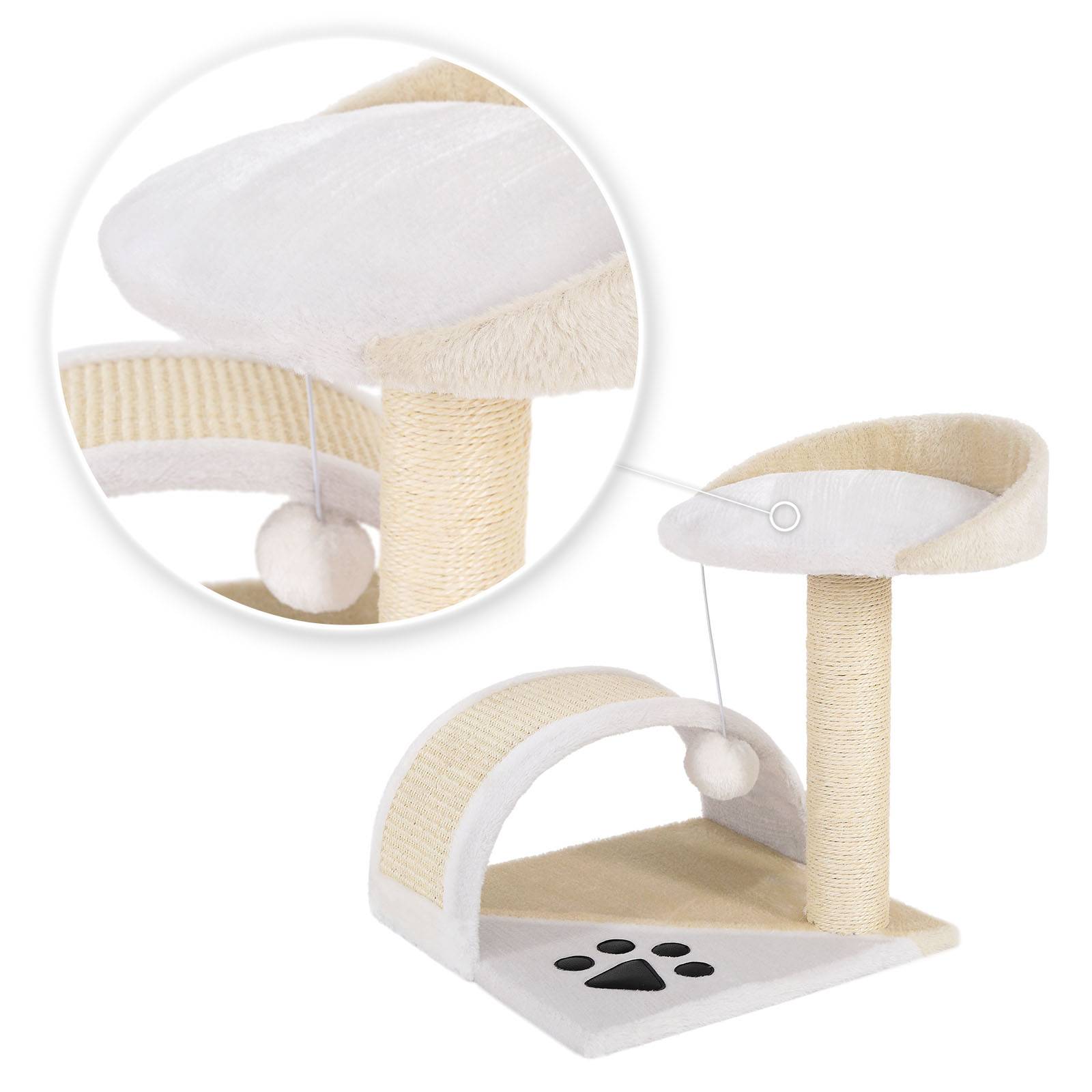 lionto Kompakt-Kratzbaum, kleiner Kratzbaum mit Spielball, Kratzbogen & Aussichtsplattform, platzsparend, Höhe 43 cm, beige/weiß