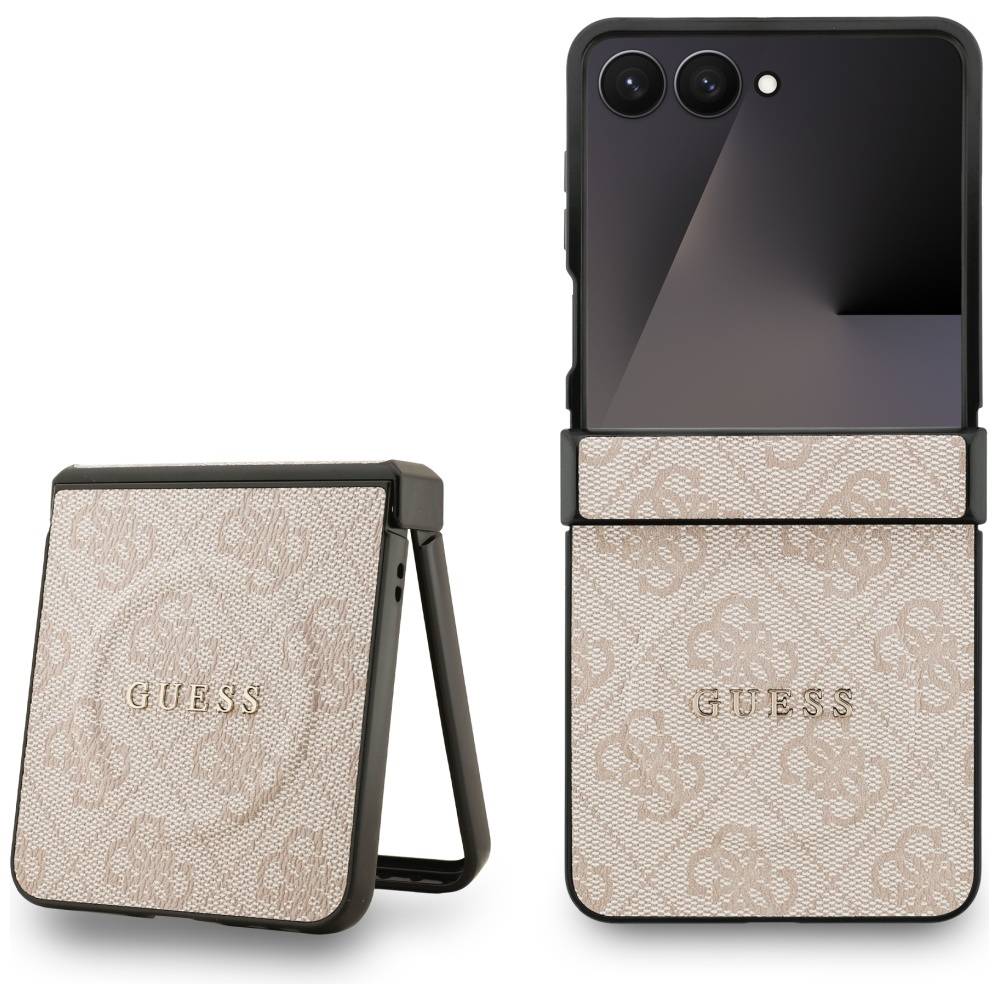 Foto eines faltbaren Smartphones mit einer strukturierten Hülle, verziert mit dem Wort 