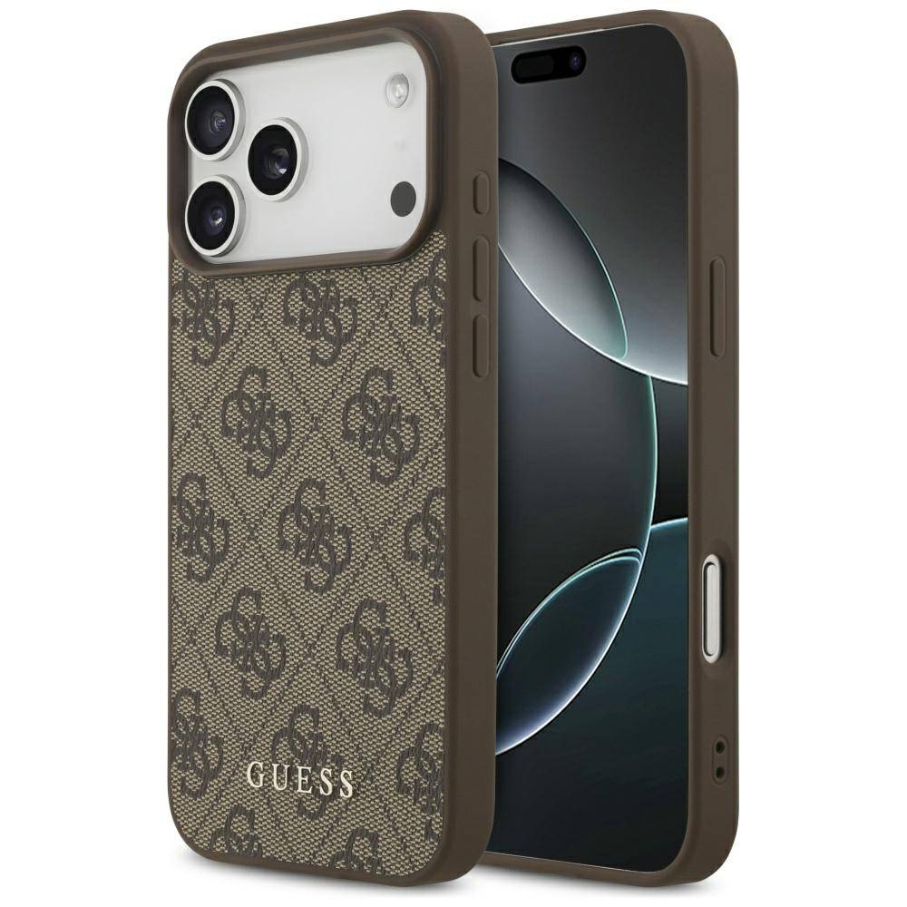 Hülle Case iPhone 17 Pro Max Guess Classic Kunstleder braun Logo goldfarbig