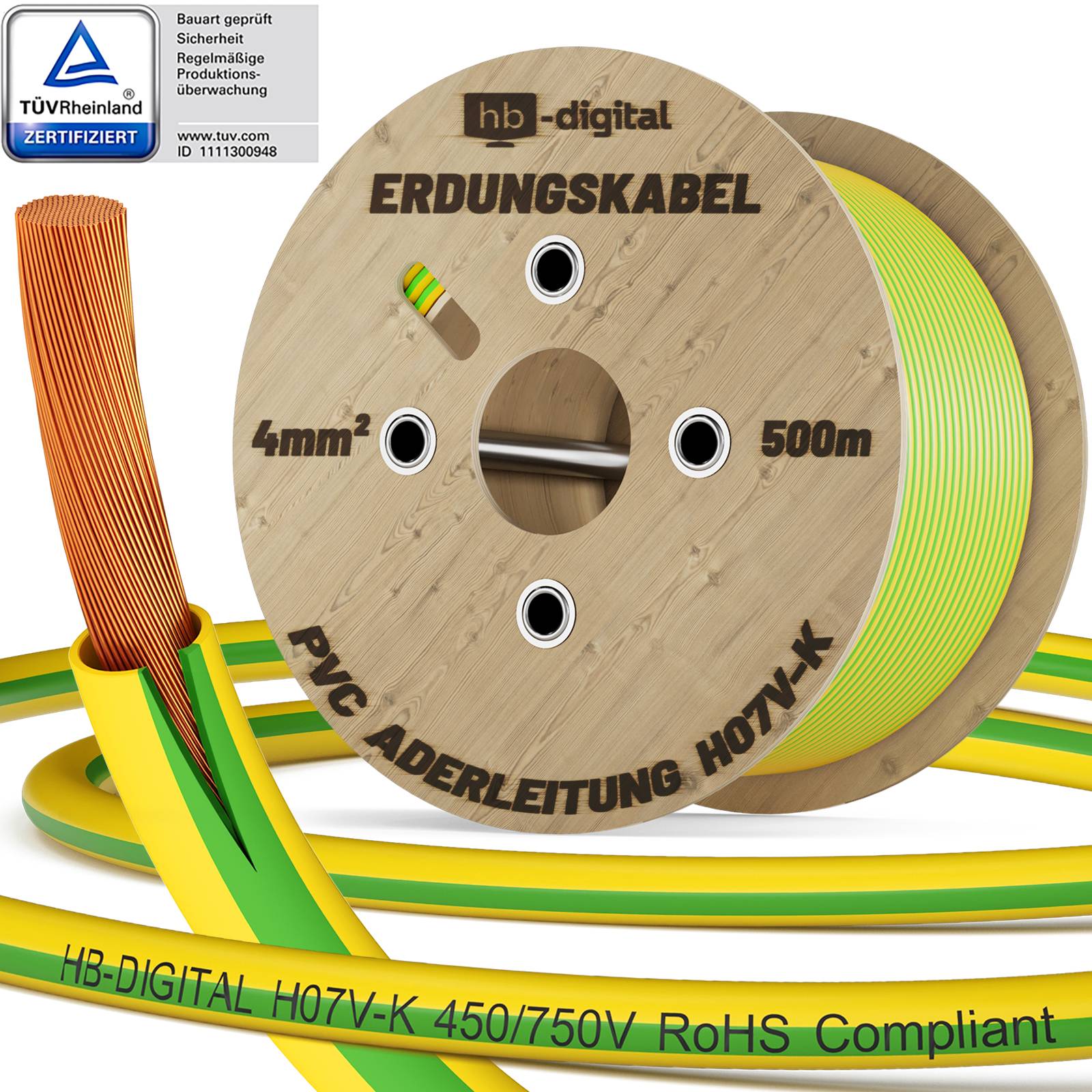 hb-digital 500m PVC Aderleitung H07V-K Erdungskabel 4mm2 Erdungsleitung flexibel