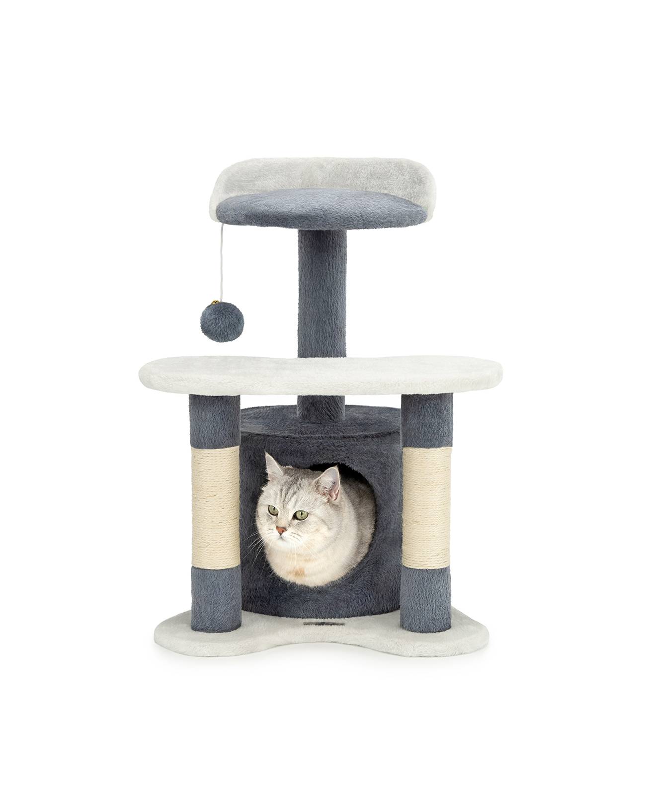 lionto Kratz- & Spielbaum, 65 cm stabiler Katzenbaum mit Sisalstämmen, Plüschhöhle & Spielball, ideal für kleine Katzen, grau/weiß