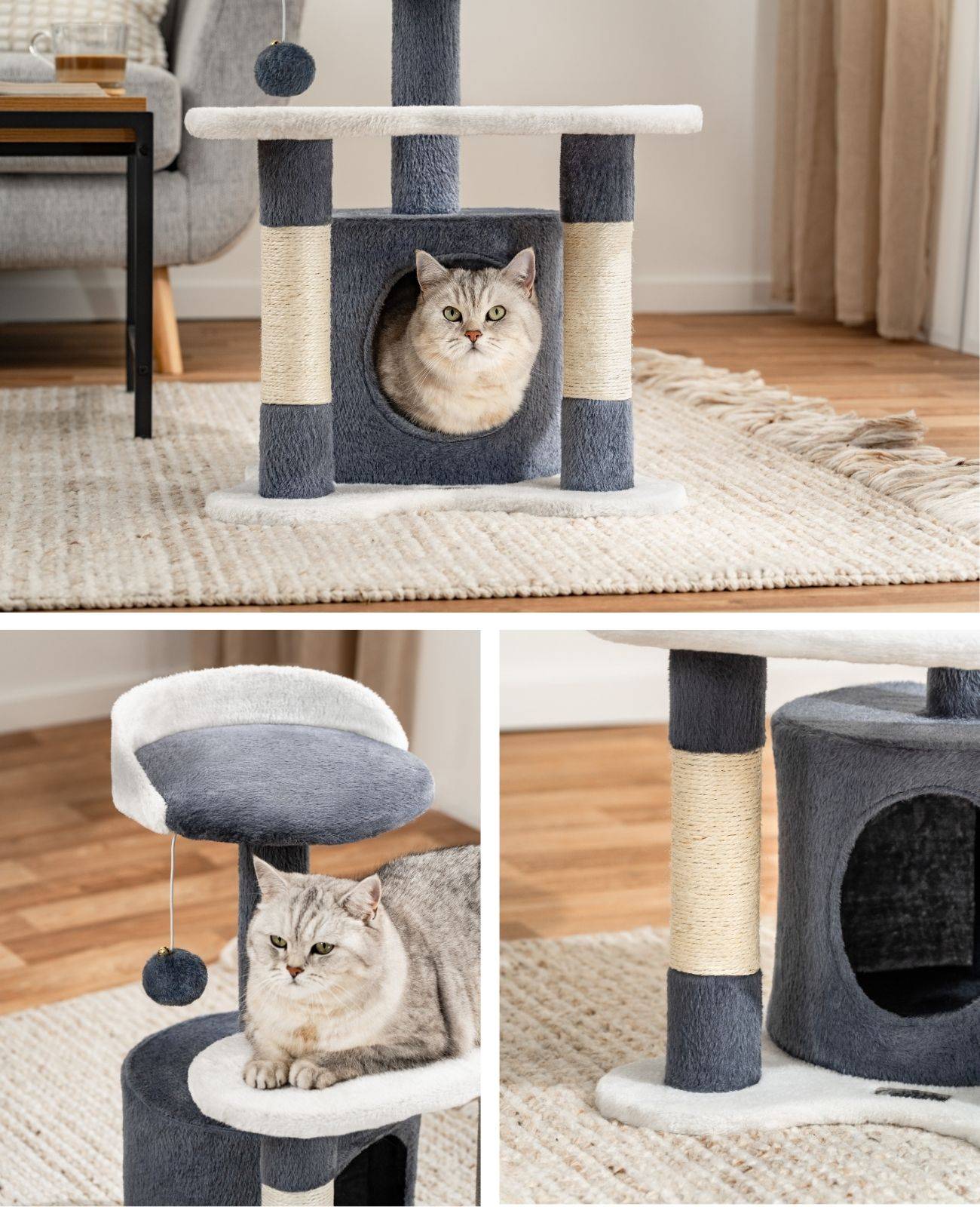 lionto Kratz- & Spielbaum, 65 cm stabiler Katzenbaum mit Sisalstämmen, Plüschhöhle & Spielball, ideal für kleine Katzen, grau/weiß