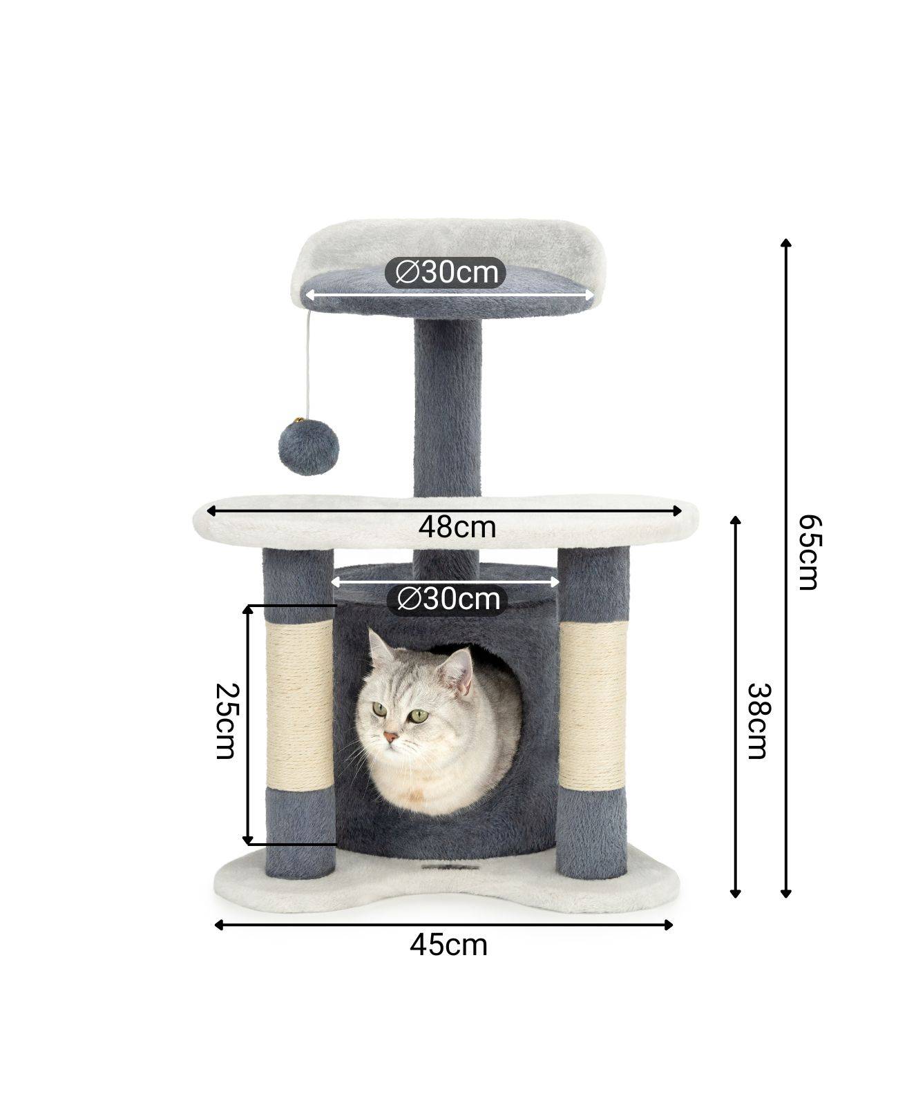 lionto Kratz- & Spielbaum, 65 cm stabiler Katzenbaum mit Sisalstämmen, Plüschhöhle & Spielball, ideal für kleine Katzen, grau/weiß