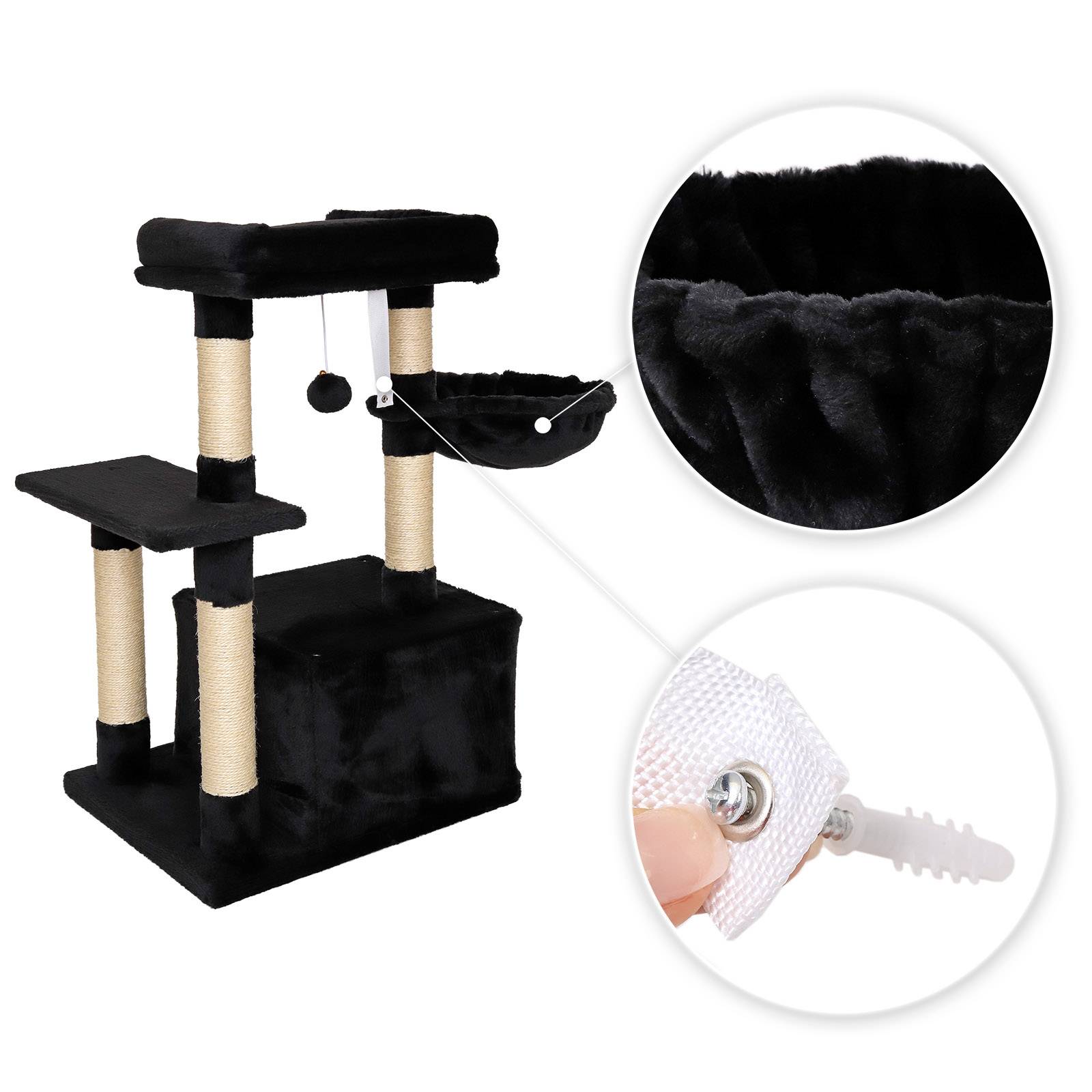 lionto Kompakt-Kratzbaum 85 cm, platzsparender Katzenbaum mit Spielball, Sisalstamm & Kratzfläche, schwarz