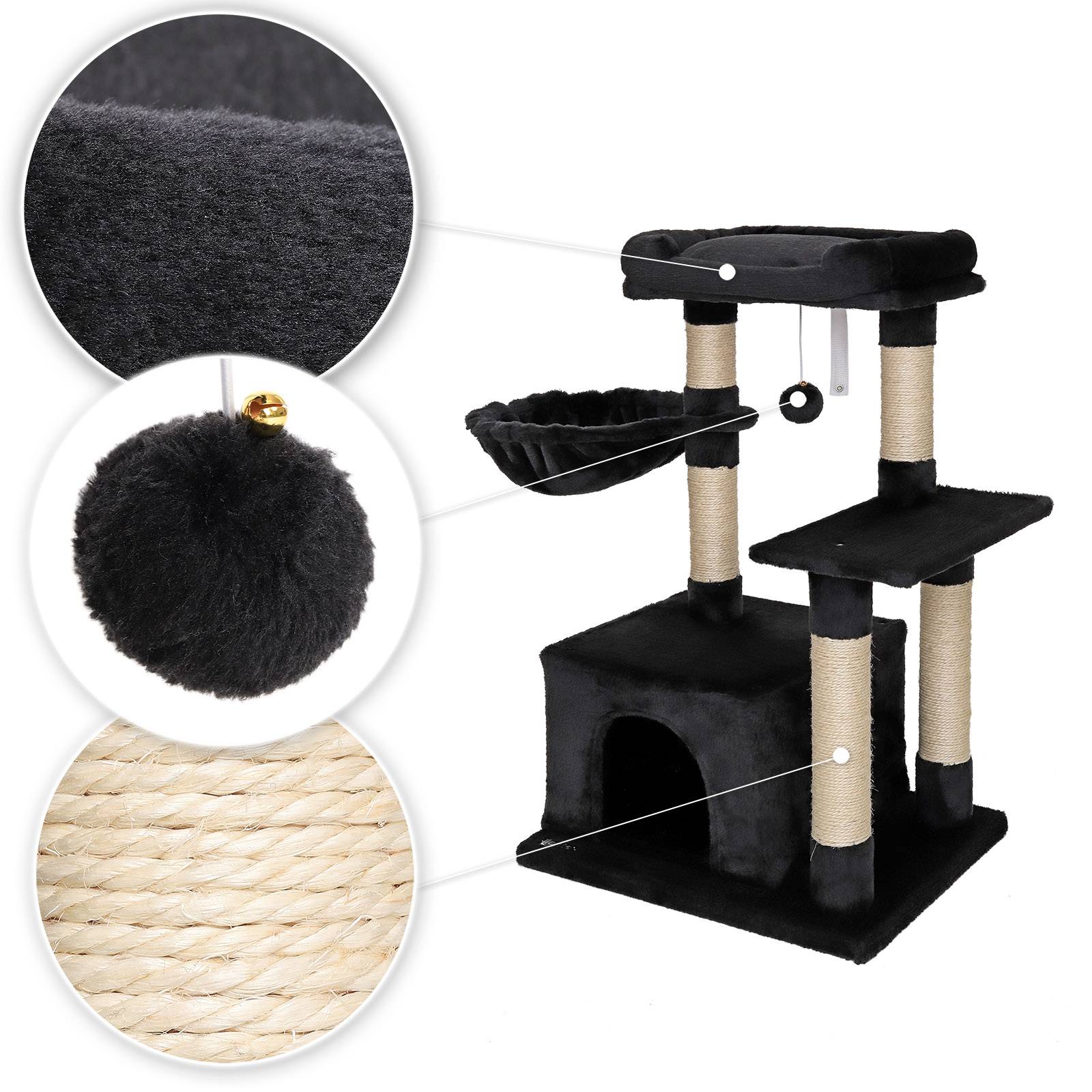 lionto Kompakt-Kratzbaum 85 cm, platzsparender Katzenbaum mit Spielball, Sisalstamm & Kratzfläche, schwarz