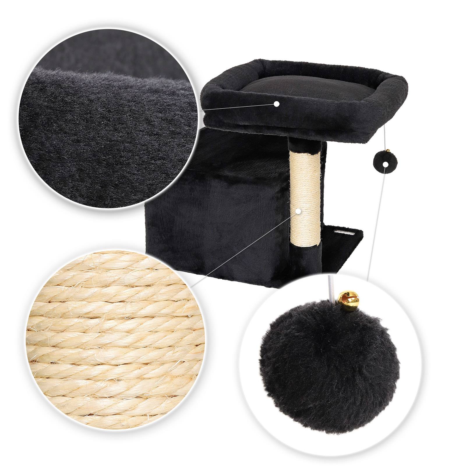 lionto Kratzbaum 50 cm, platzsparender Katzenkratzbaum mit Plüschbezug, Spielball & Sisalstange, für Kitten & Jungtiere, schwarz