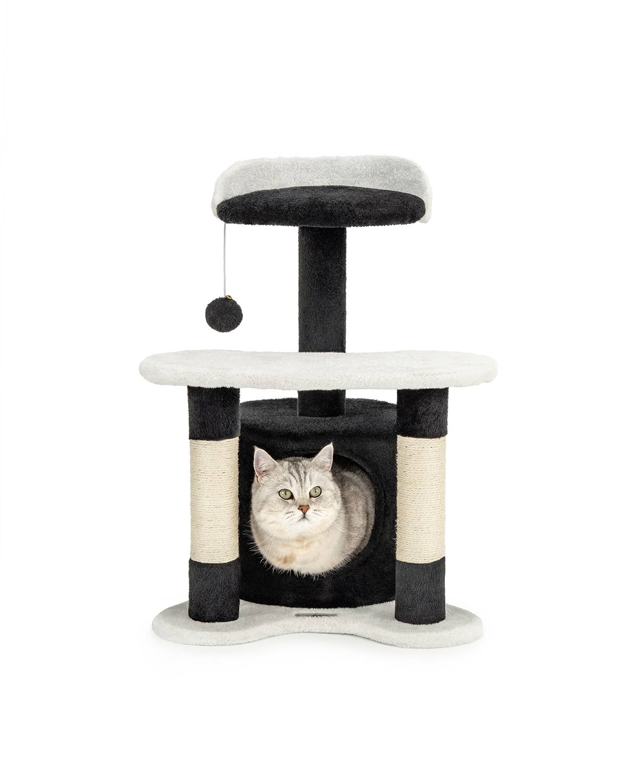 lionto Kratz- & Spielbaum, 65 cm stabiler Katzenbaum mit Sisalstämmen, Plüschhöhle & Spielball, ideal für kleine Katzen, schwarz/weiß