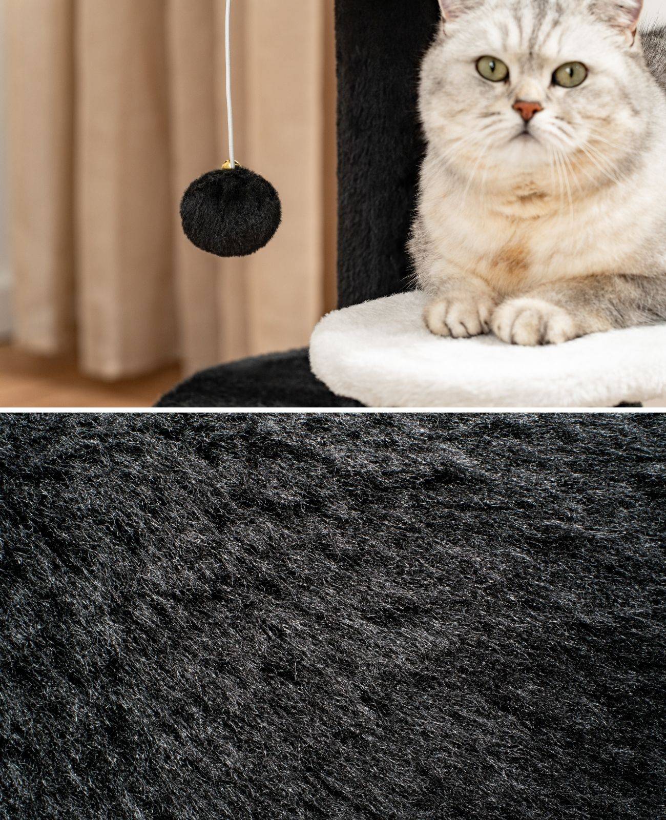 lionto Kratz- & Spielbaum, 65 cm stabiler Katzenbaum mit Sisalstämmen, Plüschhöhle & Spielball, ideal für kleine Katzen, schwarz/weiß