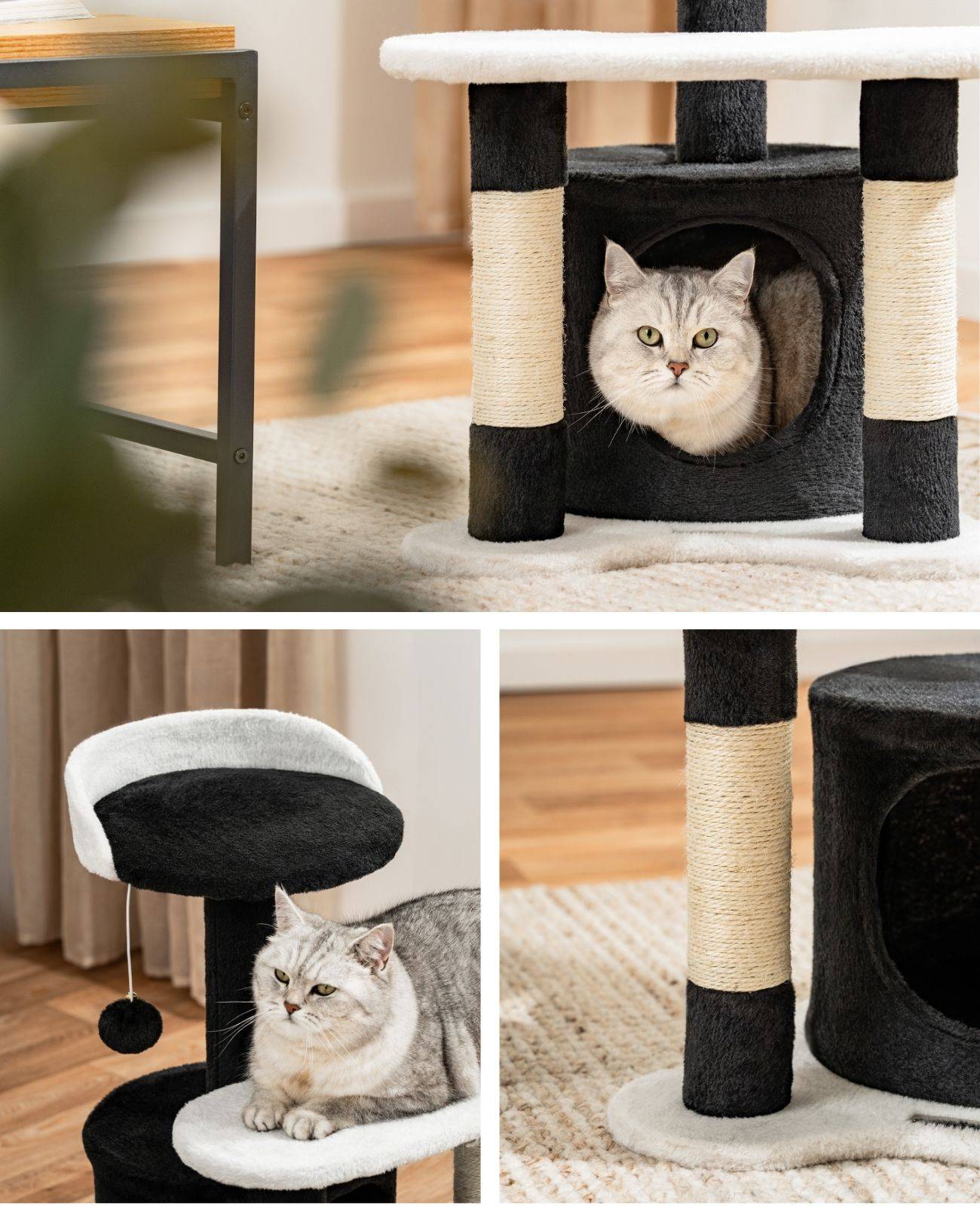 lionto Kratz- & Spielbaum, 65 cm stabiler Katzenbaum mit Sisalstämmen, Plüschhöhle & Spielball, ideal für kleine Katzen, schwarz/weiß