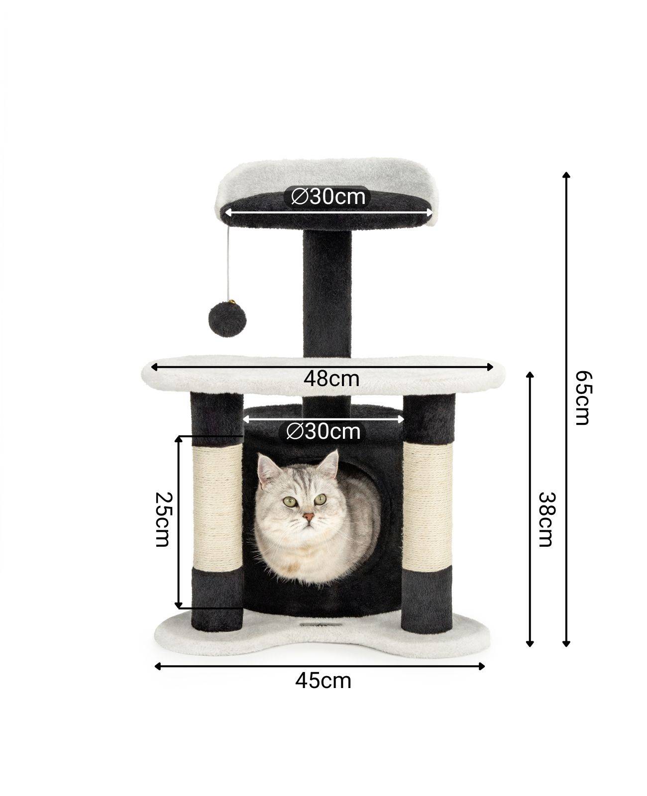 lionto Kratz- & Spielbaum, 65 cm stabiler Katzenbaum mit Sisalstämmen, Plüschhöhle & Spielball, ideal für kleine Katzen, schwarz/weiß