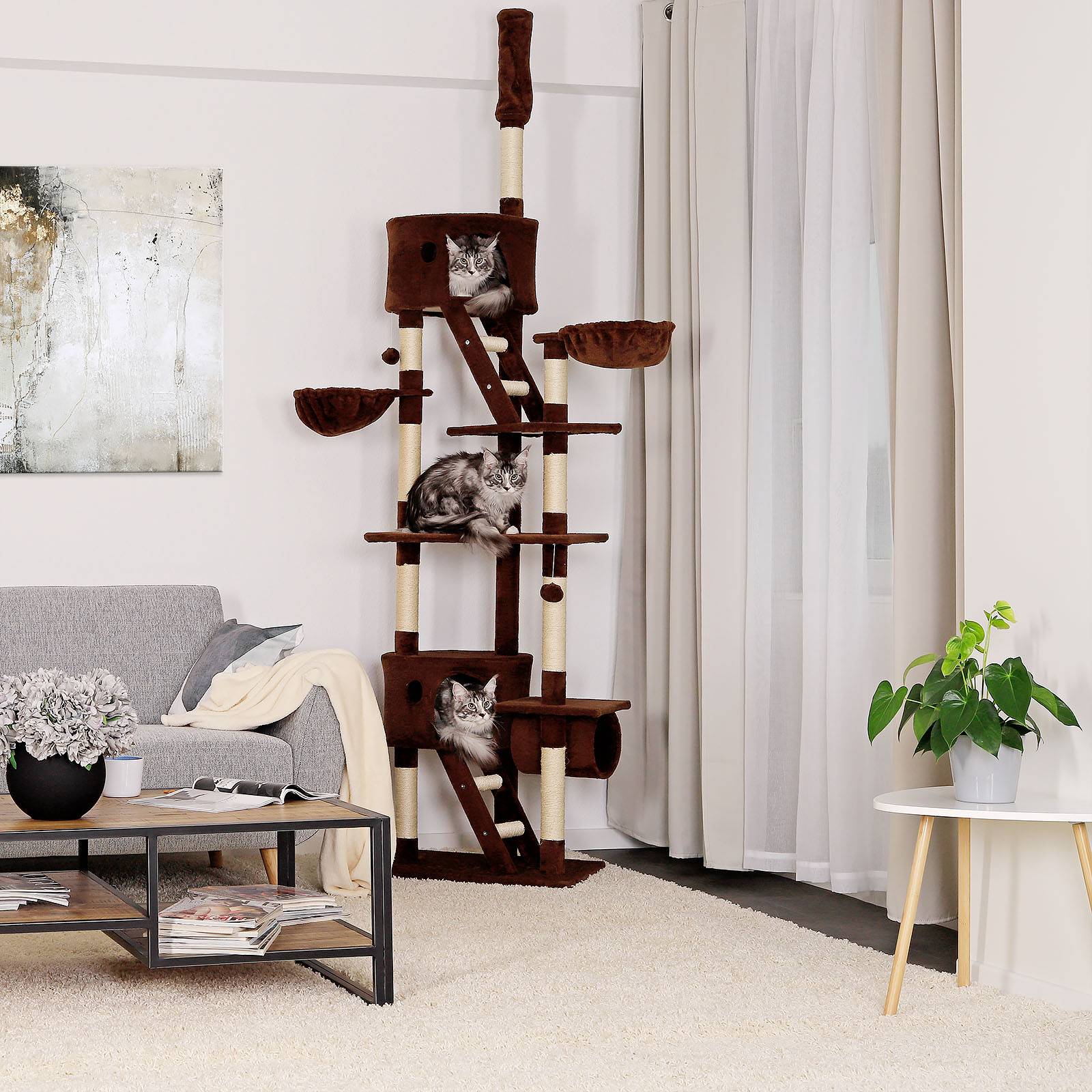 lionto Kratzbaum mit Deckenspanner, 230-250 cm großer Aktivitätsturm mit 2 Höhlen, 2 Liegemulden, Treppen & Spielbällen, braun