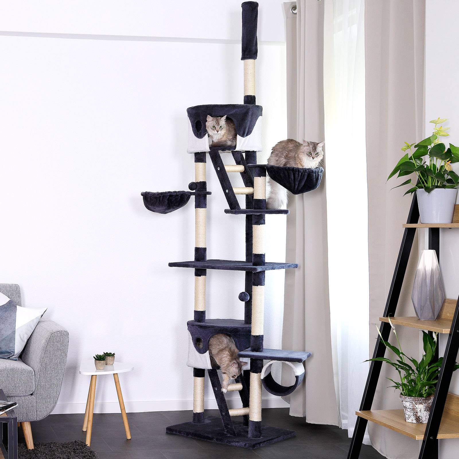 lionto Kratzbaum mit Deckenspanner, 230-250 cm großer Aktivitätsturm mit 2 Höhlen, 2 Liegemulden, Treppen & Spielbällen, grau/weiß