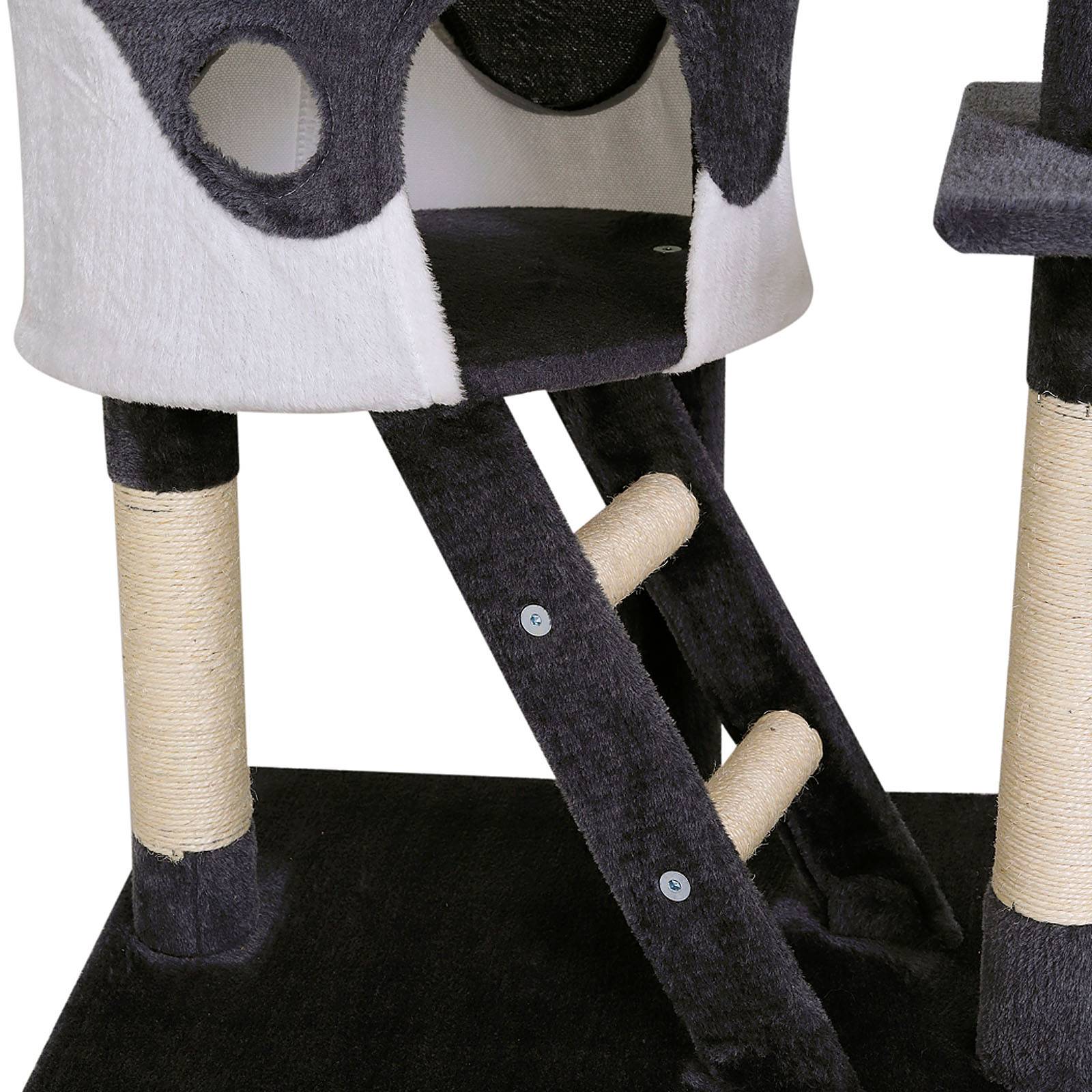 lionto Kratzbaum mit Deckenspanner, 230-250 cm großer Aktivitätsturm mit 2 Höhlen, 2 Liegemulden, Treppen & Spielbällen, grau/weiß