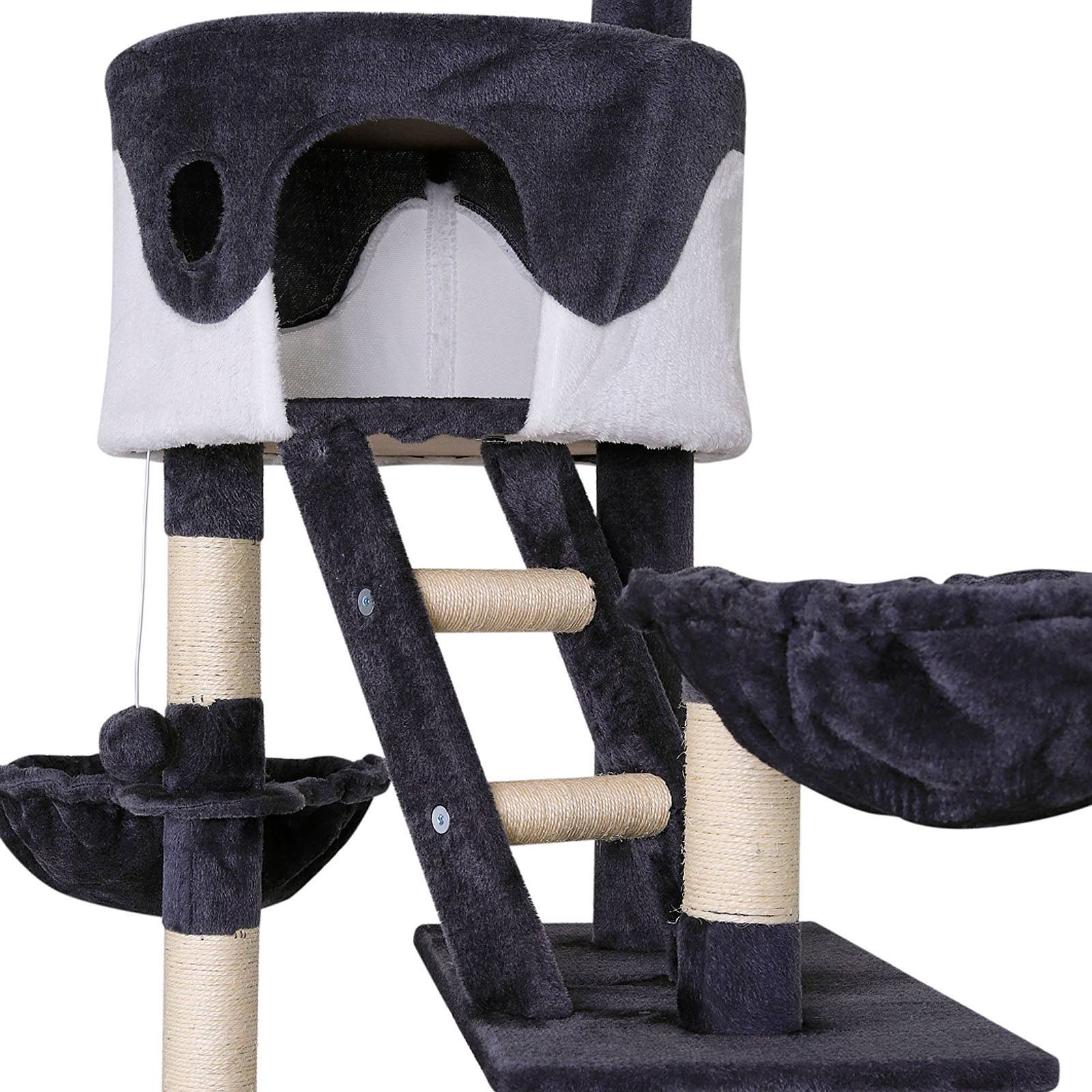 lionto Kratzbaum mit Deckenspanner, 230-250 cm großer Aktivitätsturm mit 2 Höhlen, 2 Liegemulden, Treppen & Spielbällen, grau/weiß