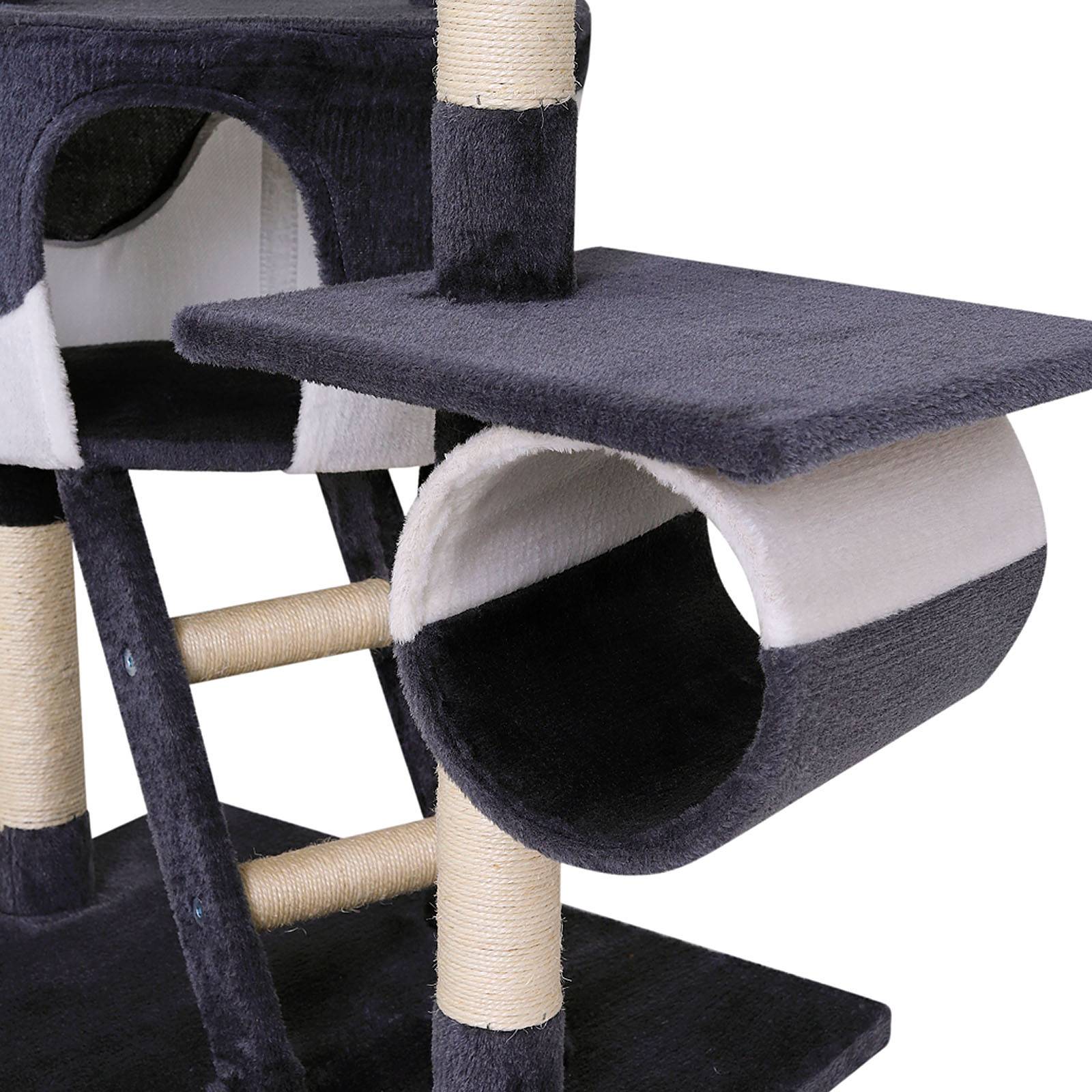 lionto Kratzbaum mit Deckenspanner, 230-250 cm großer Aktivitätsturm mit 2 Höhlen, 2 Liegemulden, Treppen & Spielbällen, grau/weiß