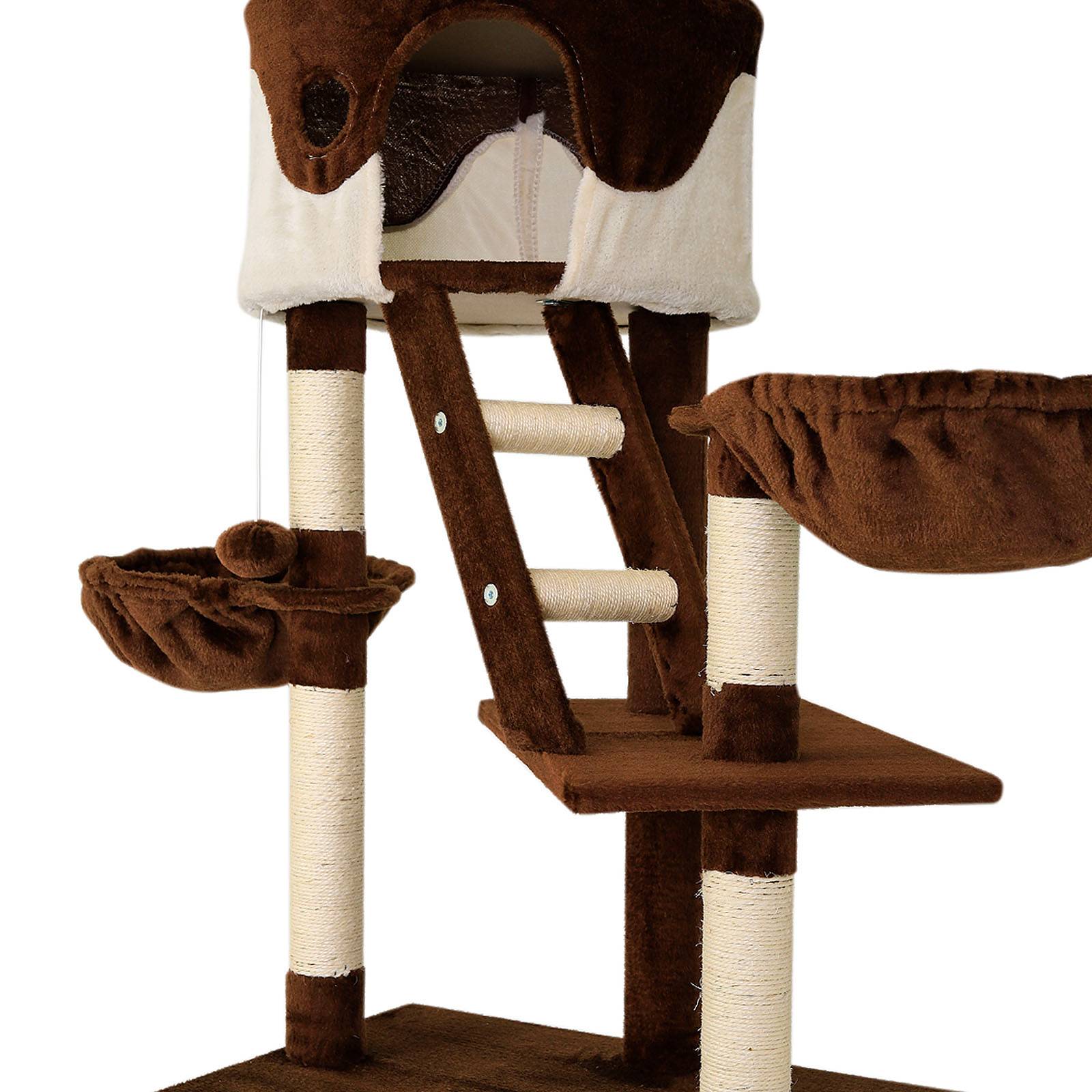 lionto Kratzbaum mit Deckenspanner, 230-250 cm großer Aktivitätsturm mit 2 Höhlen, 2 Liegemulden, Treppen & Spielbällen, braun/beige