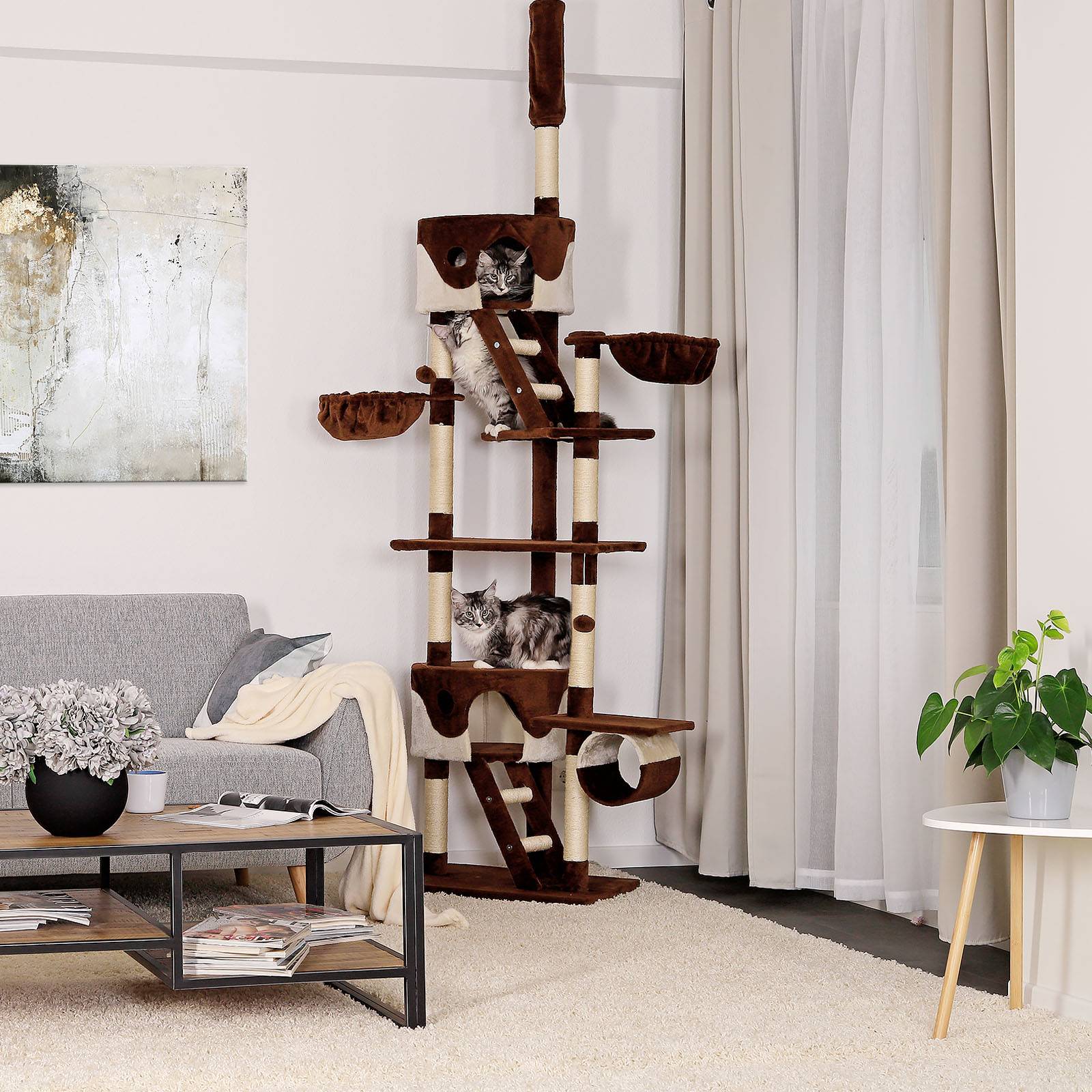 lionto Kratzbaum mit Deckenspanner, 230-250 cm großer Aktivitätsturm mit 2 Höhlen, 2 Liegemulden, Treppen & Spielbällen, braun/beige