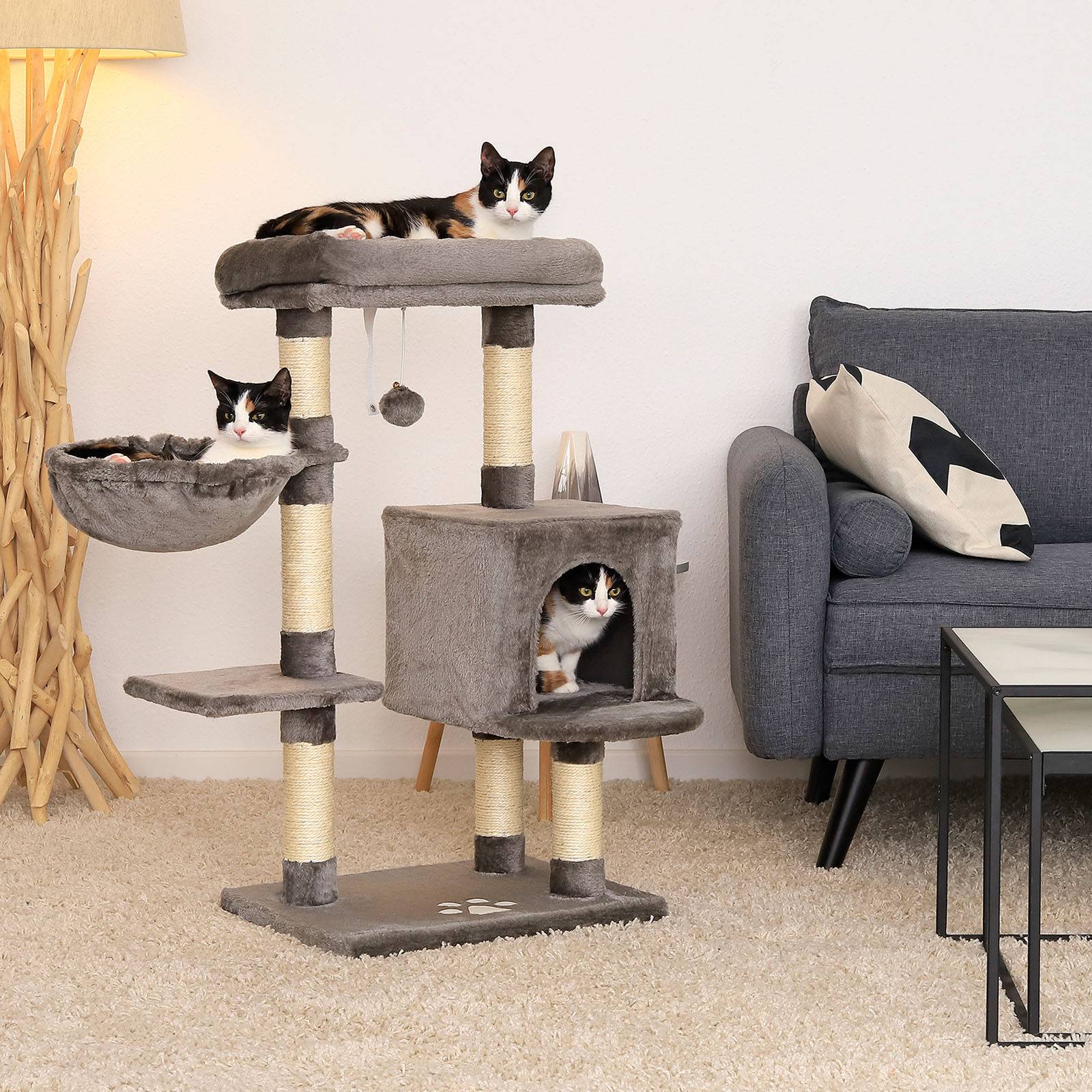 lionto Kratzbaum 93 cm mit Höhle, Liegemulde, Spielball & Sisalstämmen, kompakter Katzenbaum, dunkelgrau