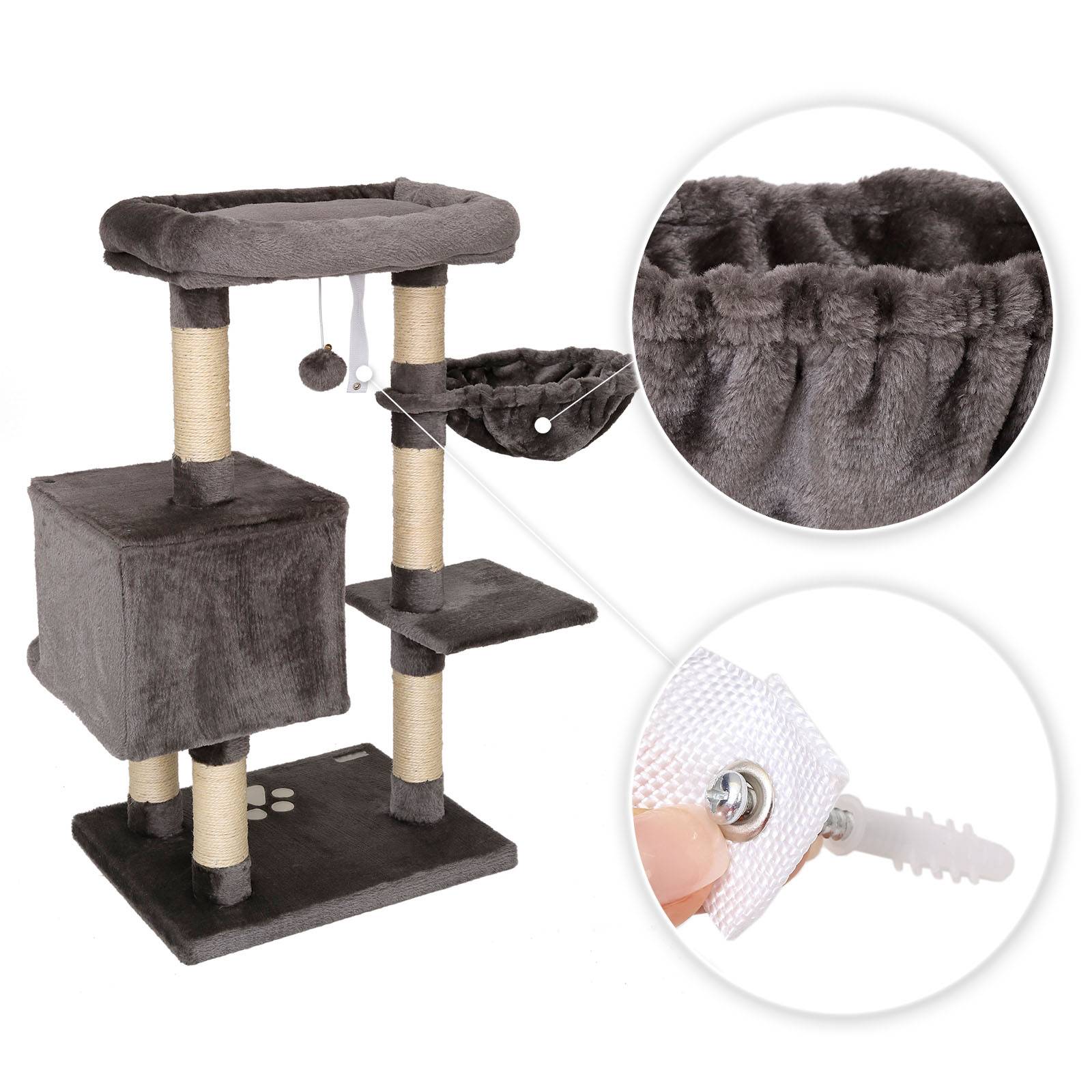 lionto Kratzbaum 93 cm mit Höhle, Liegemulde, Spielball & Sisalstämmen, kompakter Katzenbaum, dunkelgrau