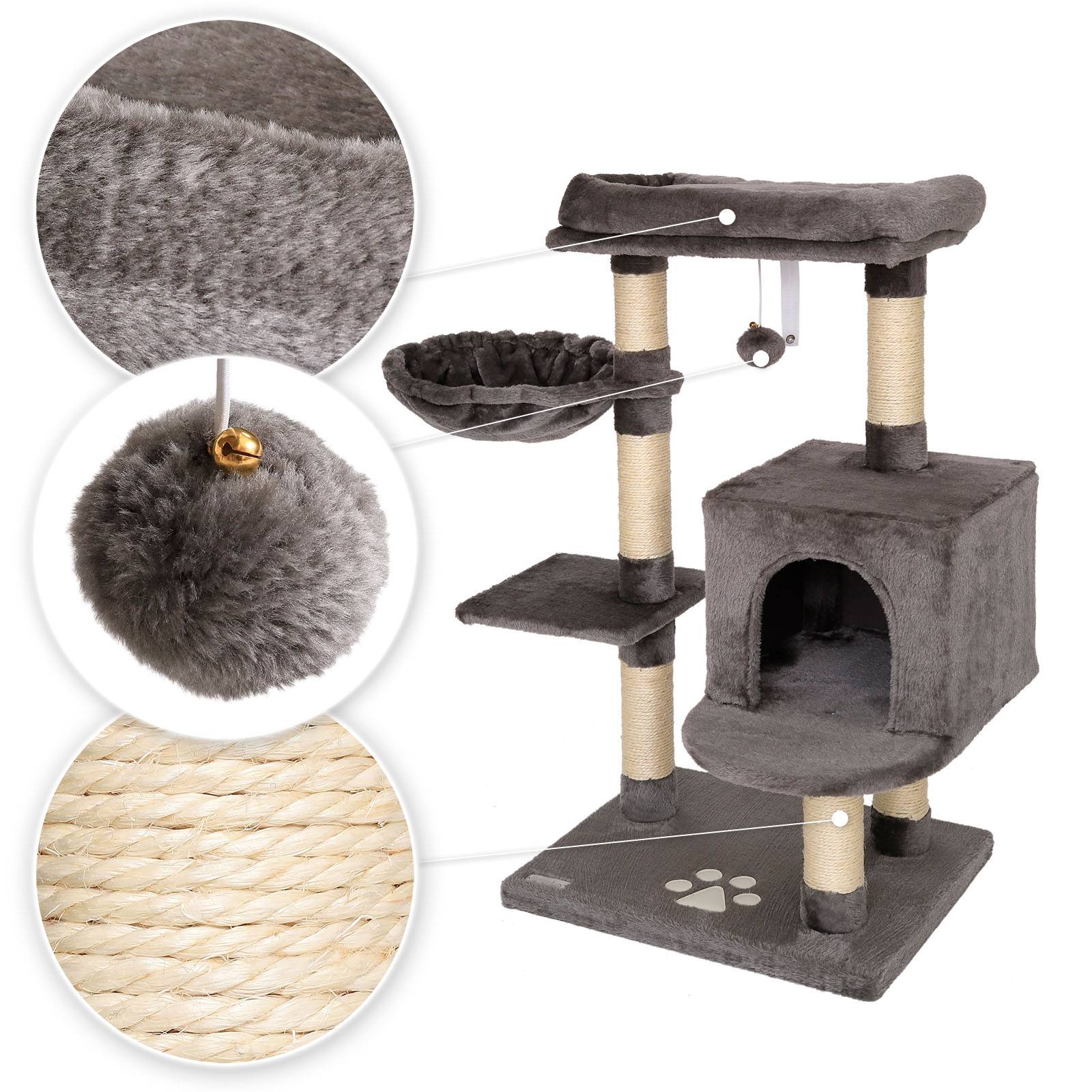 lionto Kratzbaum 93 cm mit Höhle, Liegemulde, Spielball & Sisalstämmen, kompakter Katzenbaum, dunkelgrau