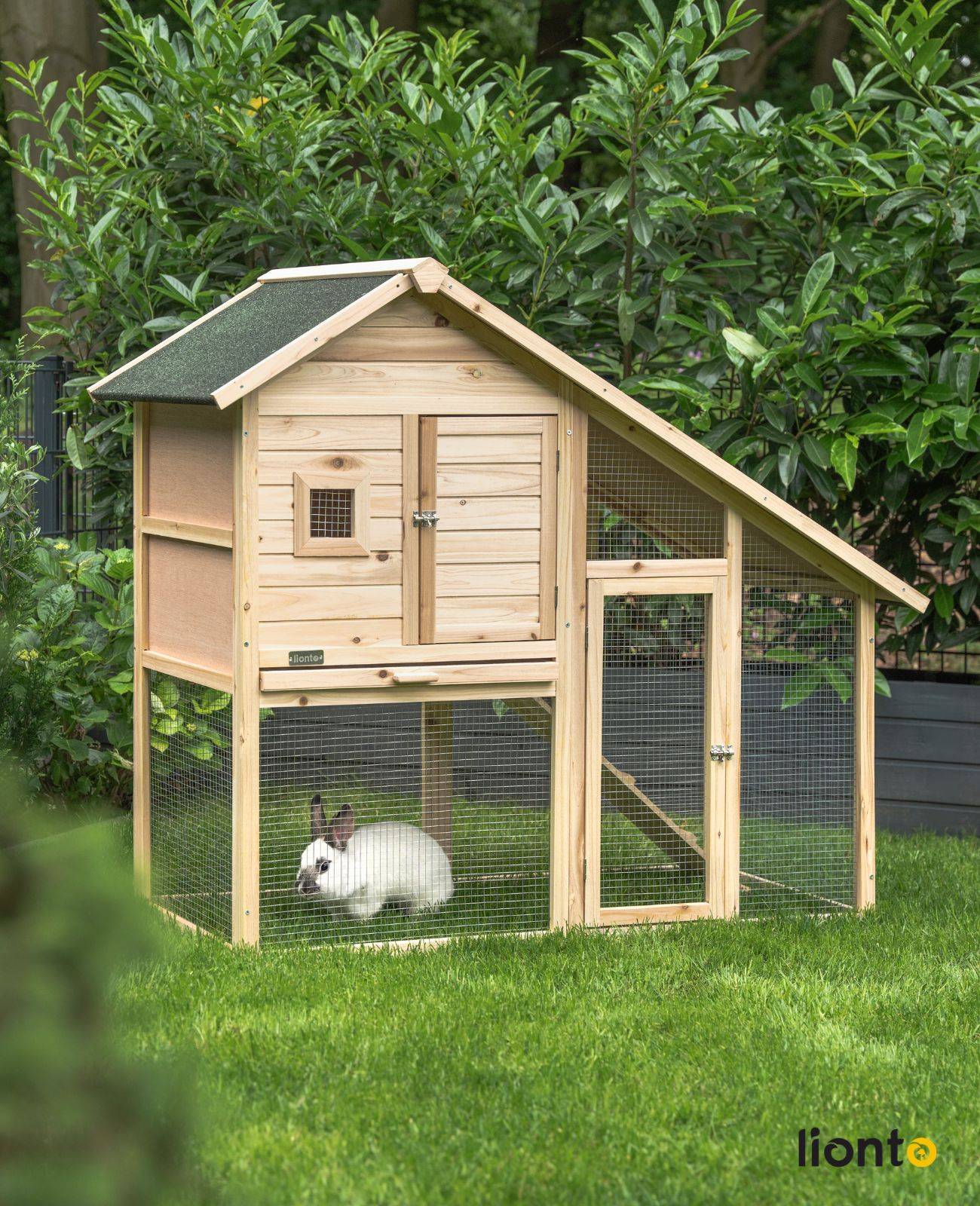 lionto Hasenstall, robuster Doppelstock-Kaninchenstall aus Holz mit Bitumendach, Rampe & Schublade, 140x65x119 cm