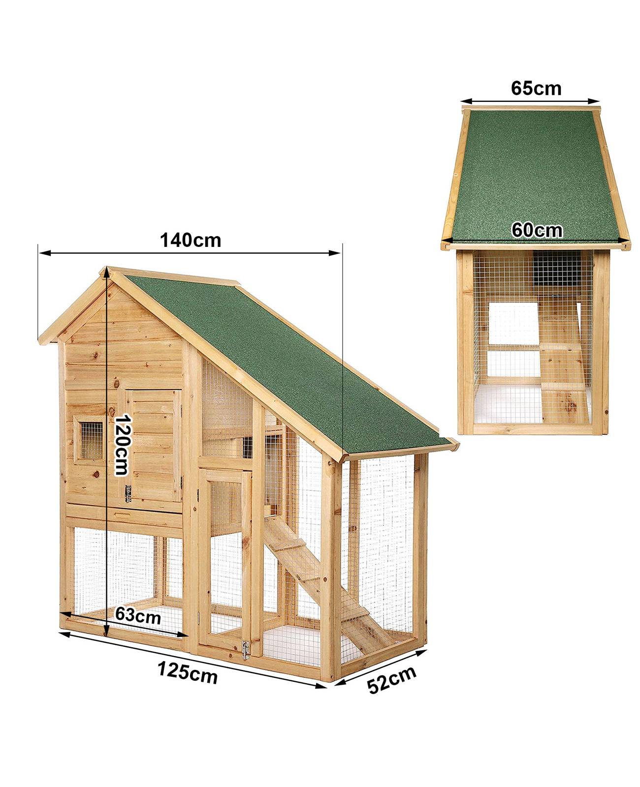 lionto Hasenstall, robuster Doppelstock-Kaninchenstall aus Holz mit Bitumendach, Rampe & Schublade, 140x65x119 cm