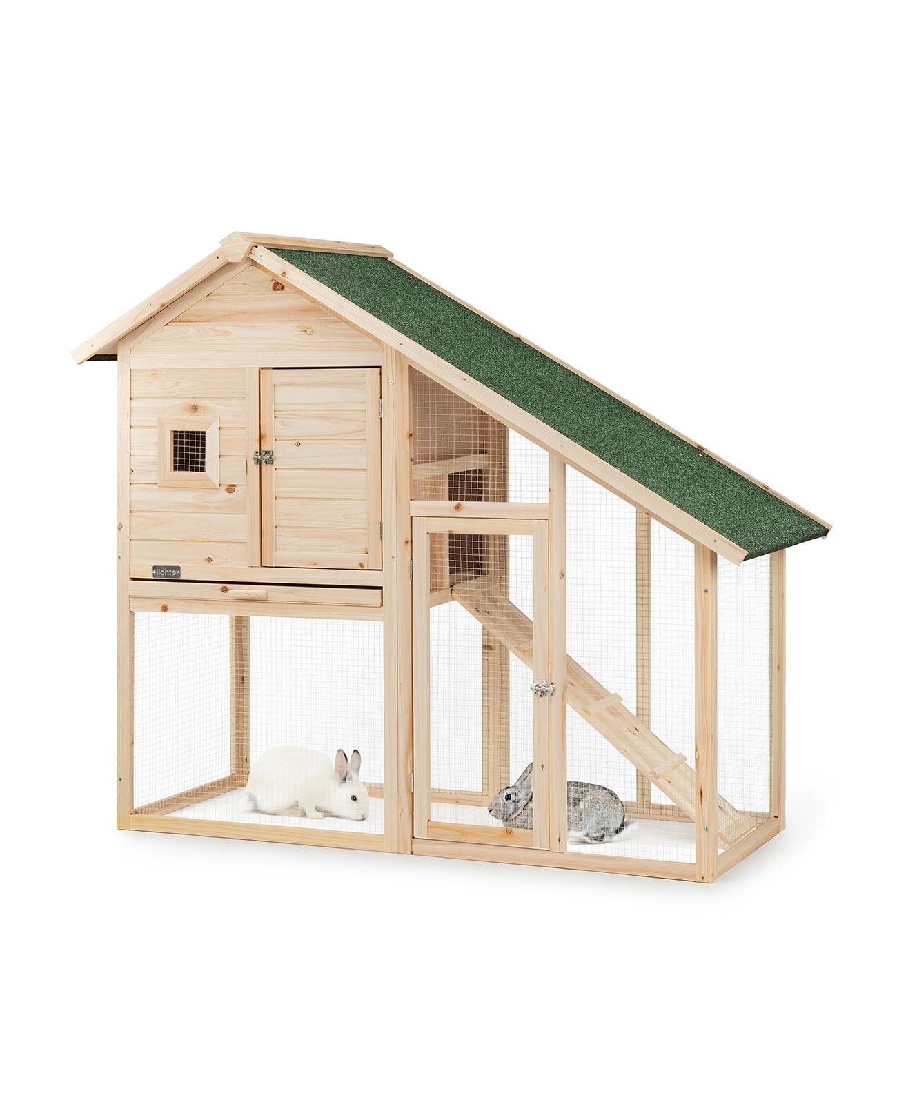 lionto Hasenstall, robuster Doppelstock-Kaninchenstall aus Holz mit Bitumendach, Rampe & Schublade, 140x65x119 cm