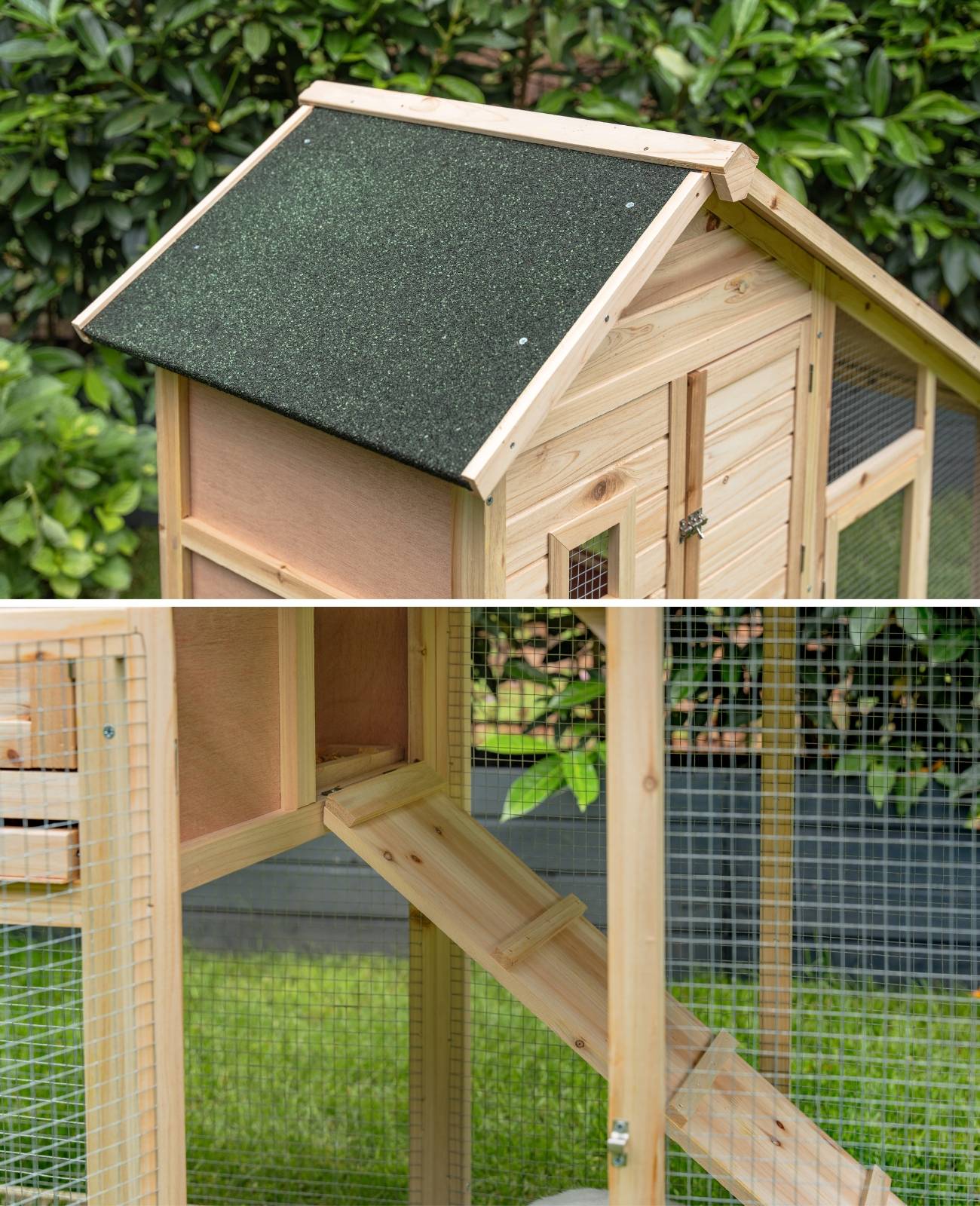 lionto Hasenstall, robuster Doppelstock-Kaninchenstall aus Holz mit Bitumendach, Rampe & Schublade, 140x65x119 cm